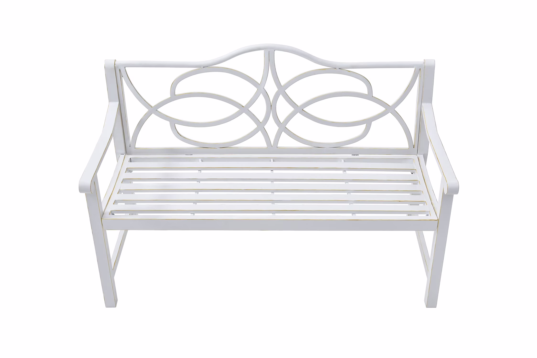 Royard Oaktree Outdoor Patio Bench, Garden Bench with Iron Metal Steel Frame, Backrest, and Armrests, Park Bench with Slatted Seat for 2 - 3 People for Lawn, Yard, Balcony, Porch, White