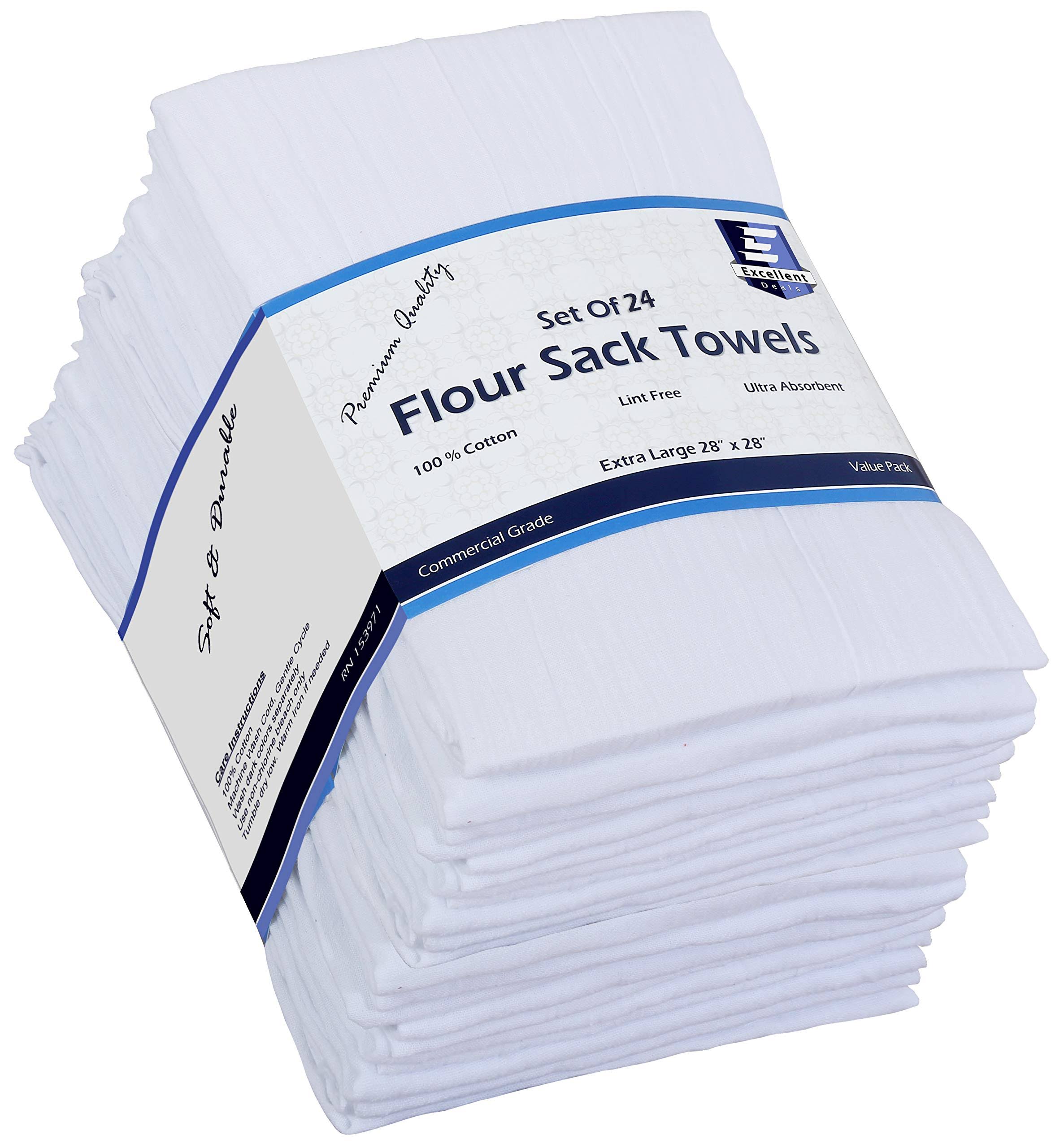 Excellent Deals Flour Sack [White, 24 Pack] 100% Cotton Kitchen Towels, 28