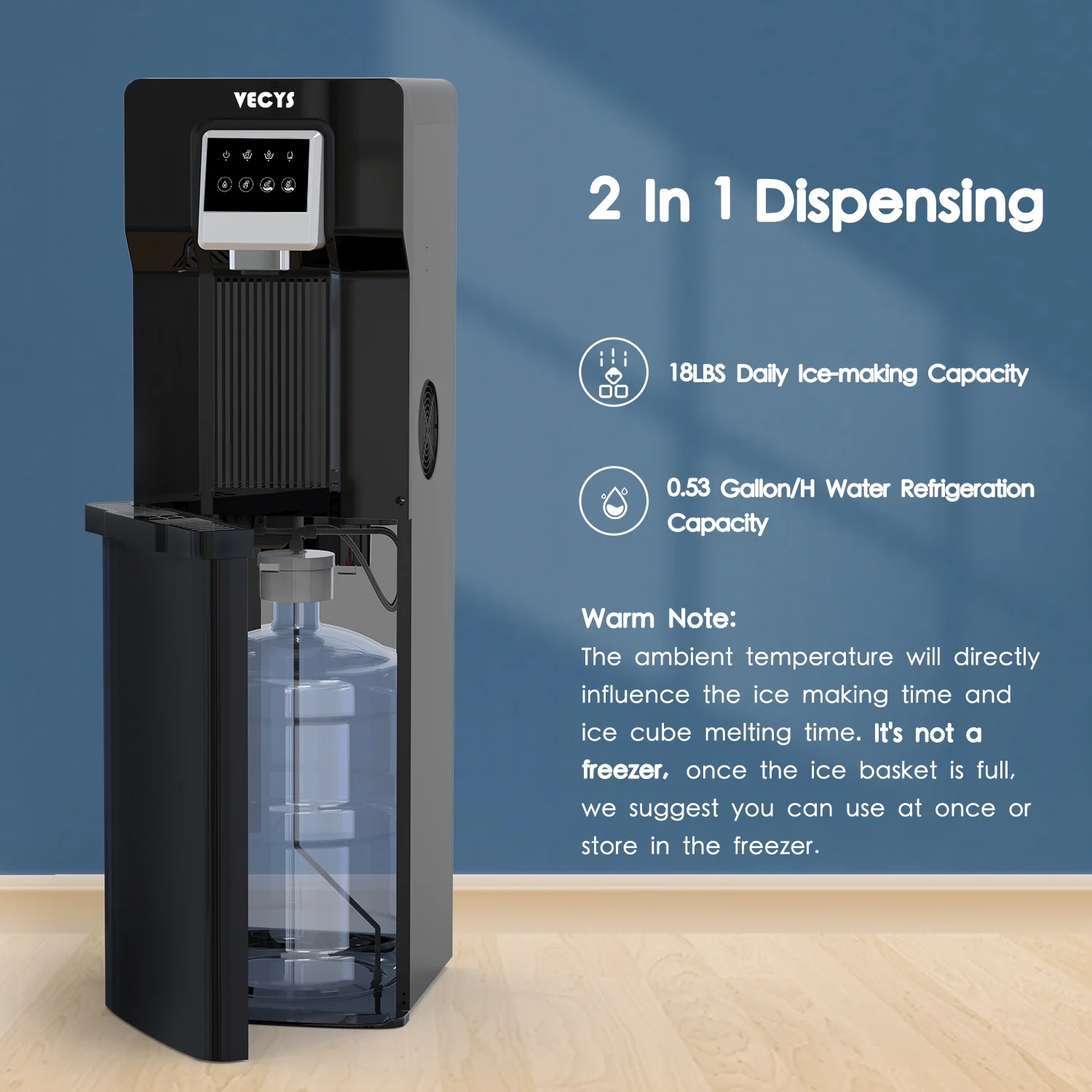 3 5 gal Bottom Loading Cold Water Cooler with Ice Supply, 18LBS Daily Ice Making Image 2