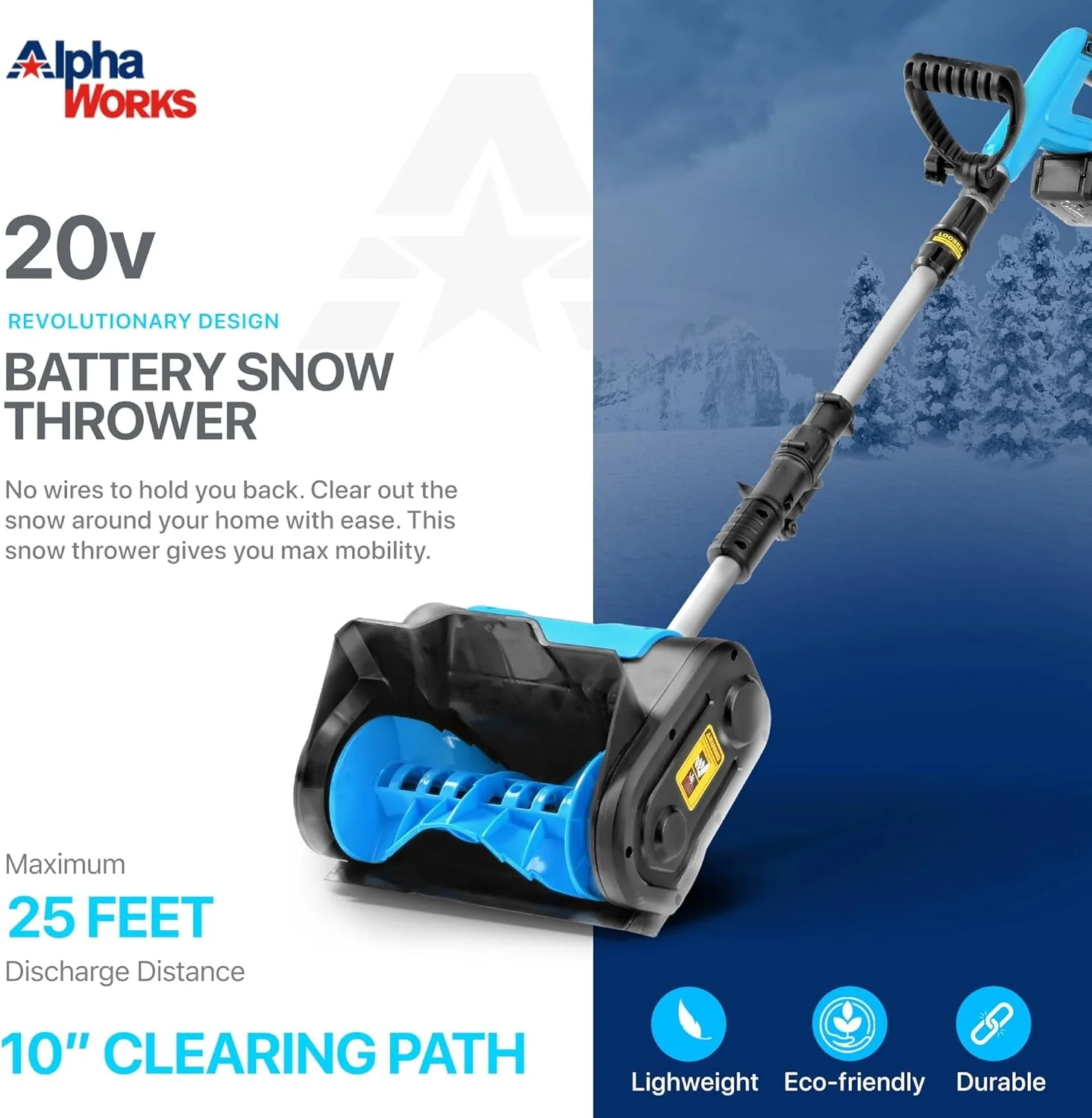 Alphaworks Portable Electric Snow Thrower & Shovel - 20V 2ah Cordless Battery System