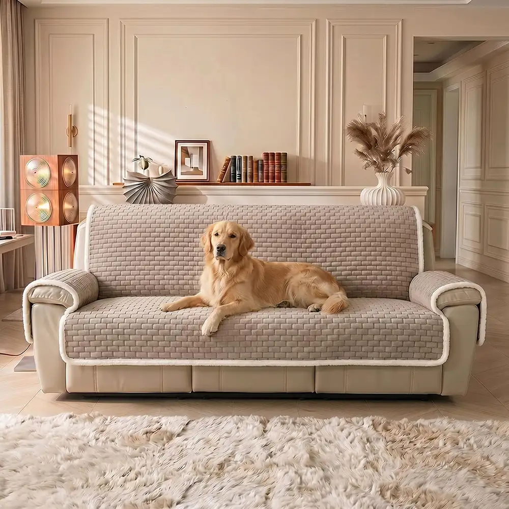 One-Piece Plush Scratch-Resistant Large Sectional Couch Covers with Elastic Straps