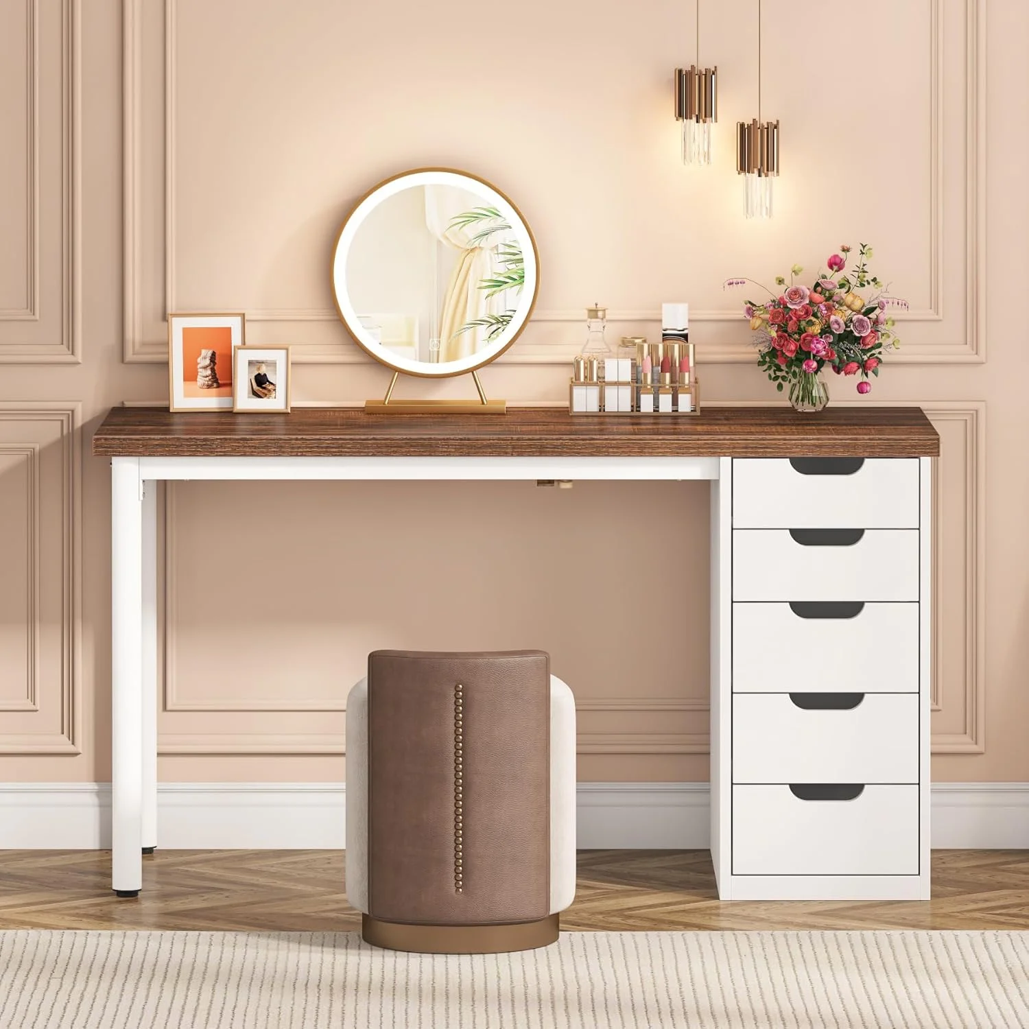 47 inches Vanity Desk with 5 Drawers, Rustic Makeup Dressing Table with Storage, Modern Simple Computer Desk for Women, Girls (Brown)(Brown) - Image 9
