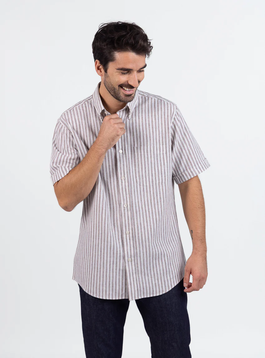 Chemise estivale homme coton rayé marron
