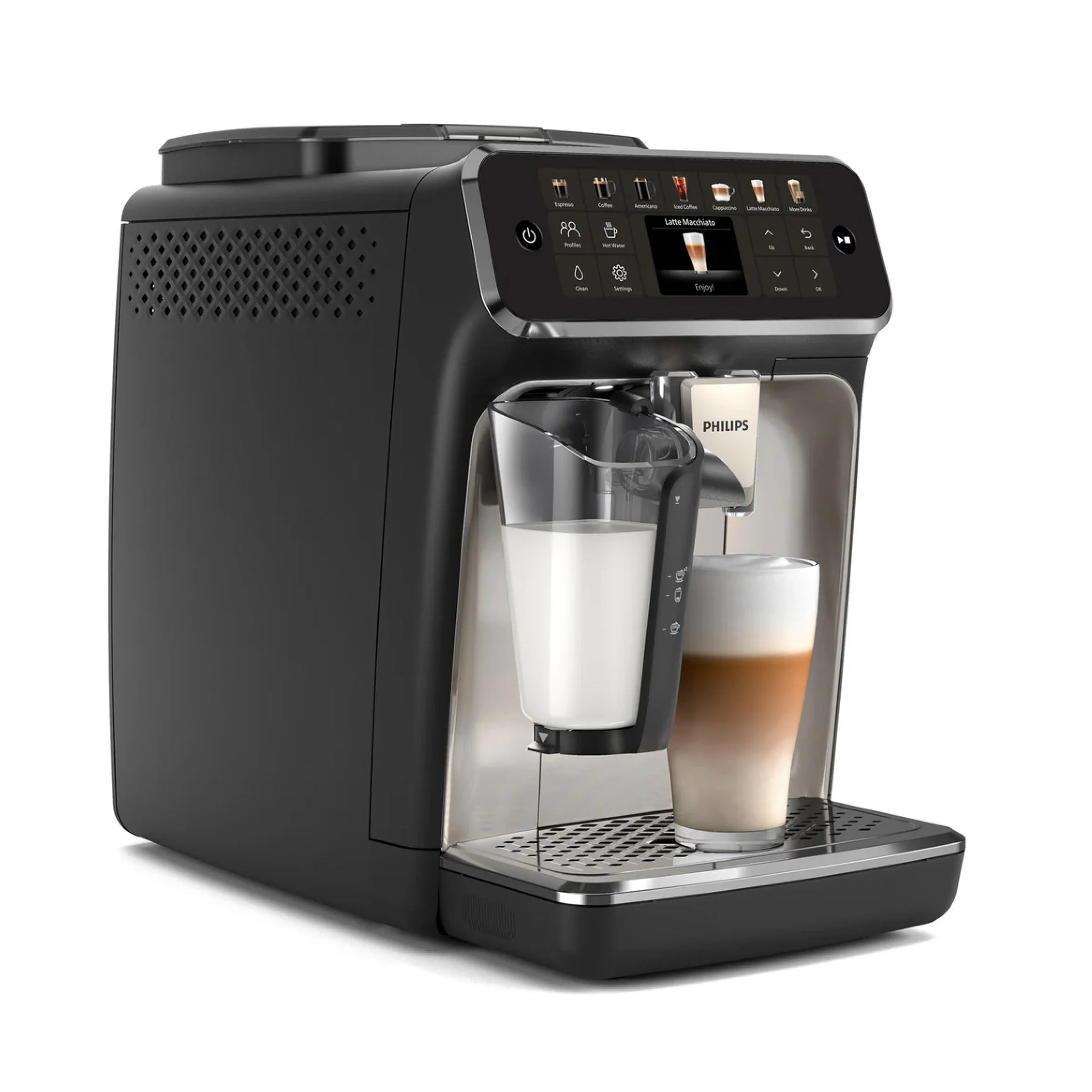 PHILIPS Series 4400 Fully Automatic Lattego Espresso Machine, Silentbrew Technology, Quick Start. Aromatic Coffee from Freshly Ground Beans, 12 Hot and Iced Drinks, Black Chrome (EP4447/90)