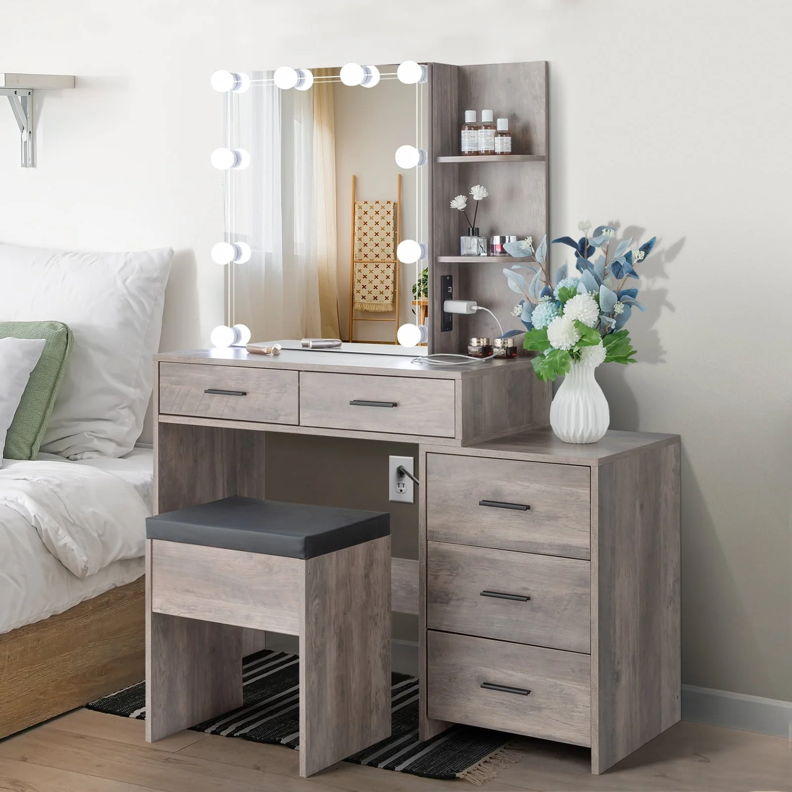 Ktaxon Vanity Set with 3 Color Lighted Mirror & Charging Station, Makeup Table with 3 Storage Shelves & Drawers, Dressing Table Makeup Desk with Stool, Retro Gray