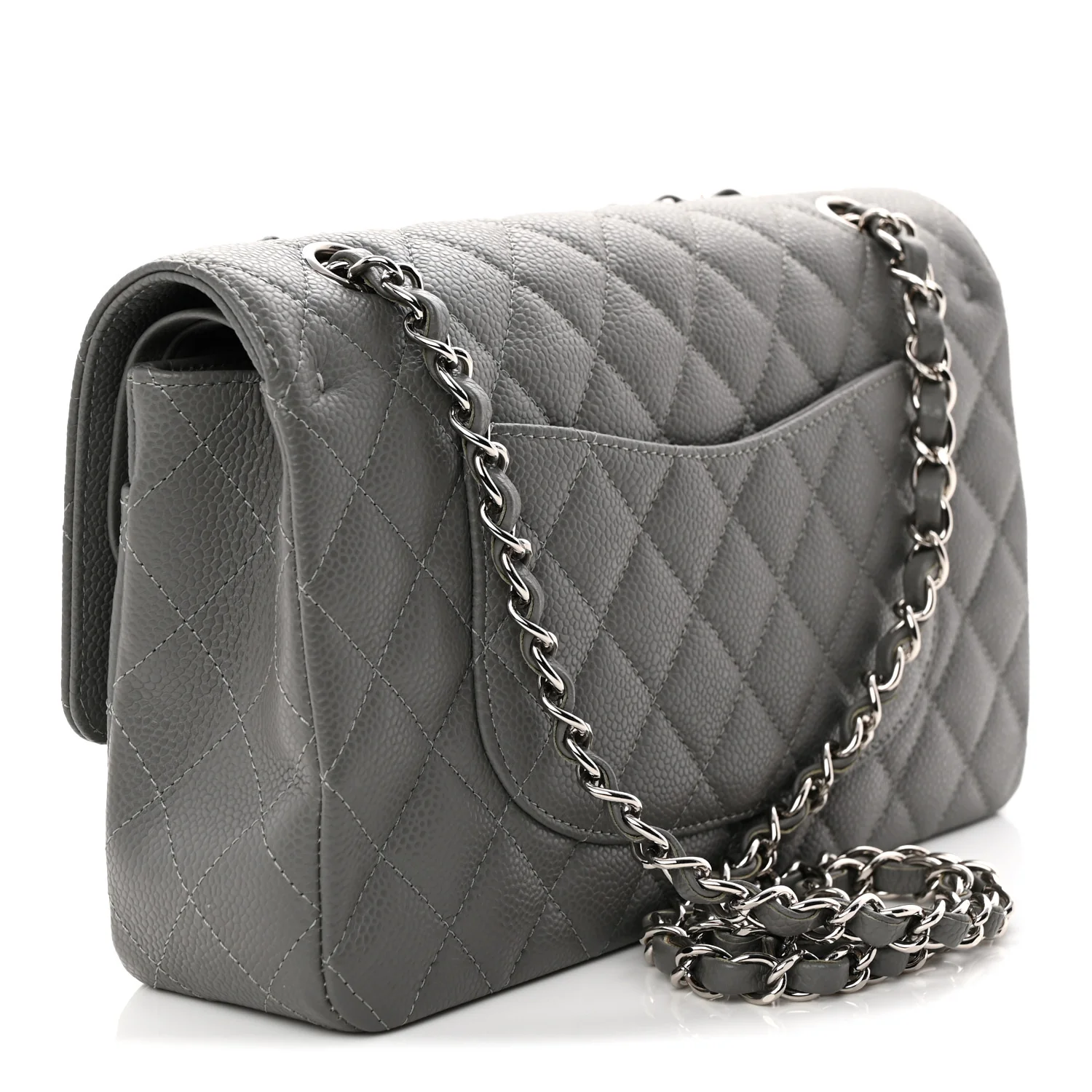 Caviar Quilted Medium Double Flap Grey