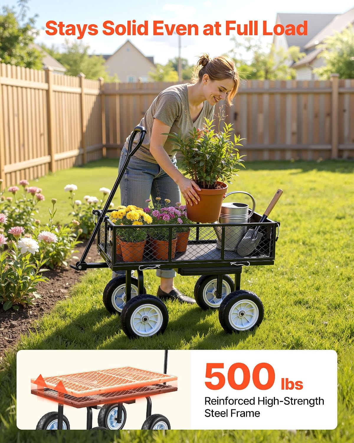 VEVOR 500 LBS Steel Garden Cart with Work Seat, Heavy Duty Garden Wagon Cart on Wheels, Outdoor Metal Utility Yard Wagon Gardening Stool with 10-inch Flat Free Tires, Tool Tray & Adjustable Handle