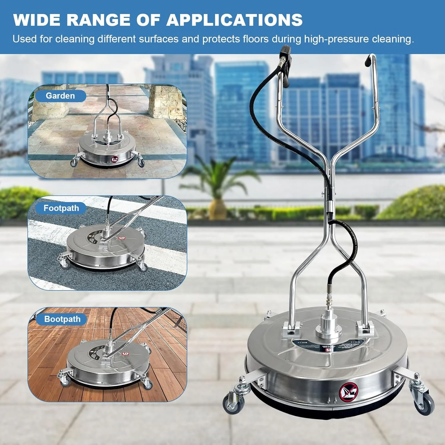 24" Pressure Washer Surface Cleaner with Dual Handles �C Stainless Steel, 4-Wheel Design for Driveways, Sidewalks, Curbs, Decks, Patios �C 4900 PSI, High-Efficiency Cleaning Accessory(24") - Image 10