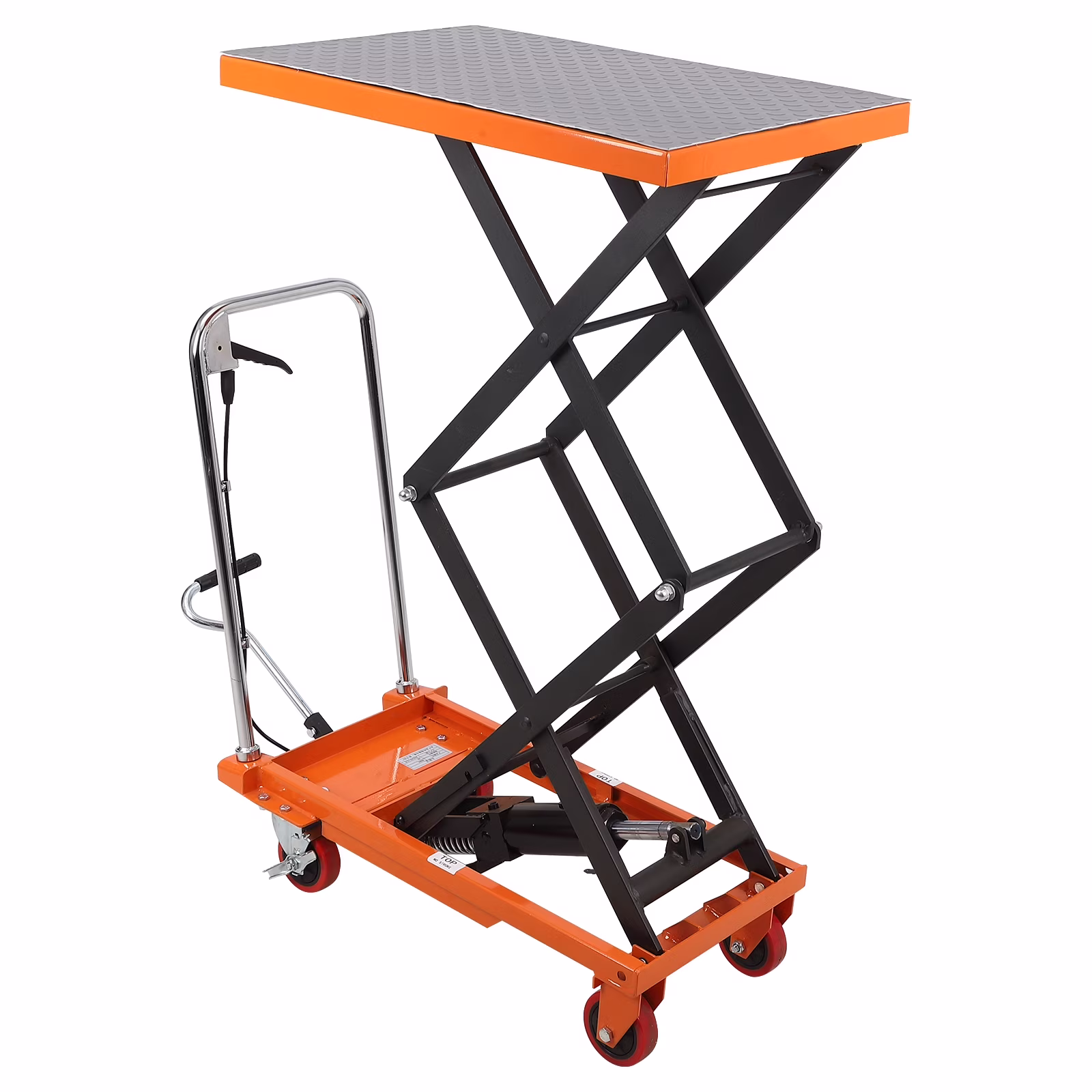 Hydraulic Lift Table Cart 770 lbs Capacity, Adjustable Up to 59" Lifting Height, Manual Double Scissor Lift Table with 4 Wheels 3mm Non-Slip Pads for Safe Material Handling Transport, Orange
