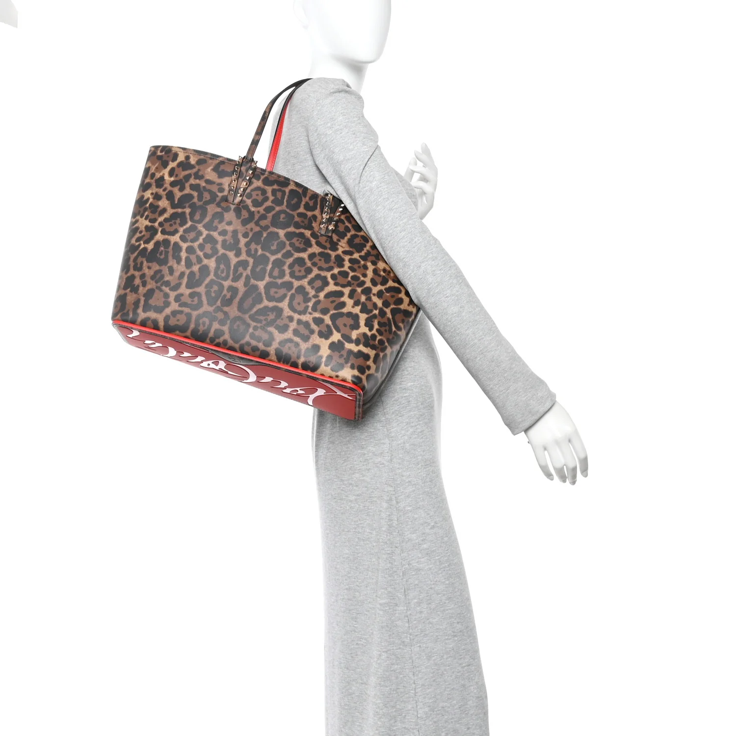 Calfskin Leopard Print Spikes East West Cabata Tote Brown