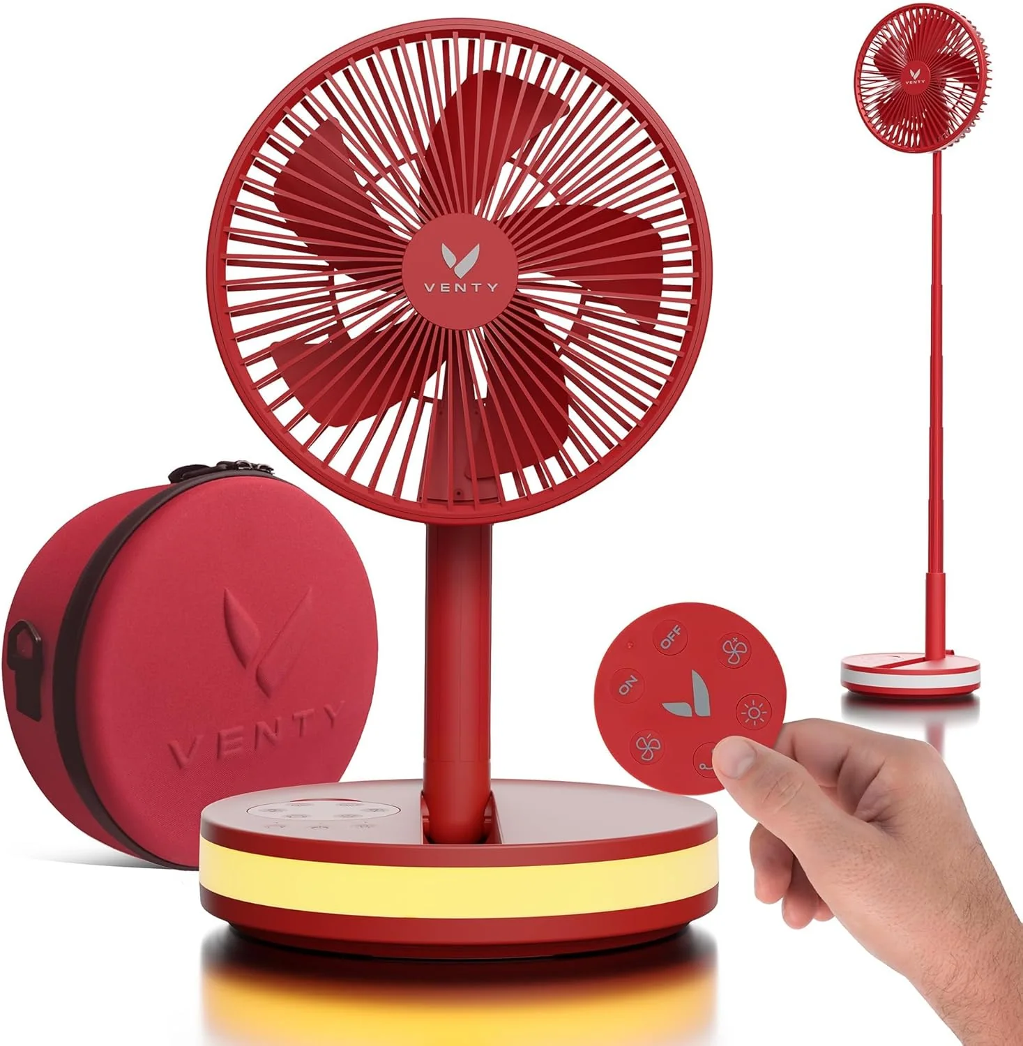 Ventilateur portable VENTY - Ventilateur sans fil à piles - 4 vitesses - Éclairage LED - Étui de transport et télécommande - Voyages en croisière - Camping-car - Batterie externe avec port USB-C (Noir avec étui)