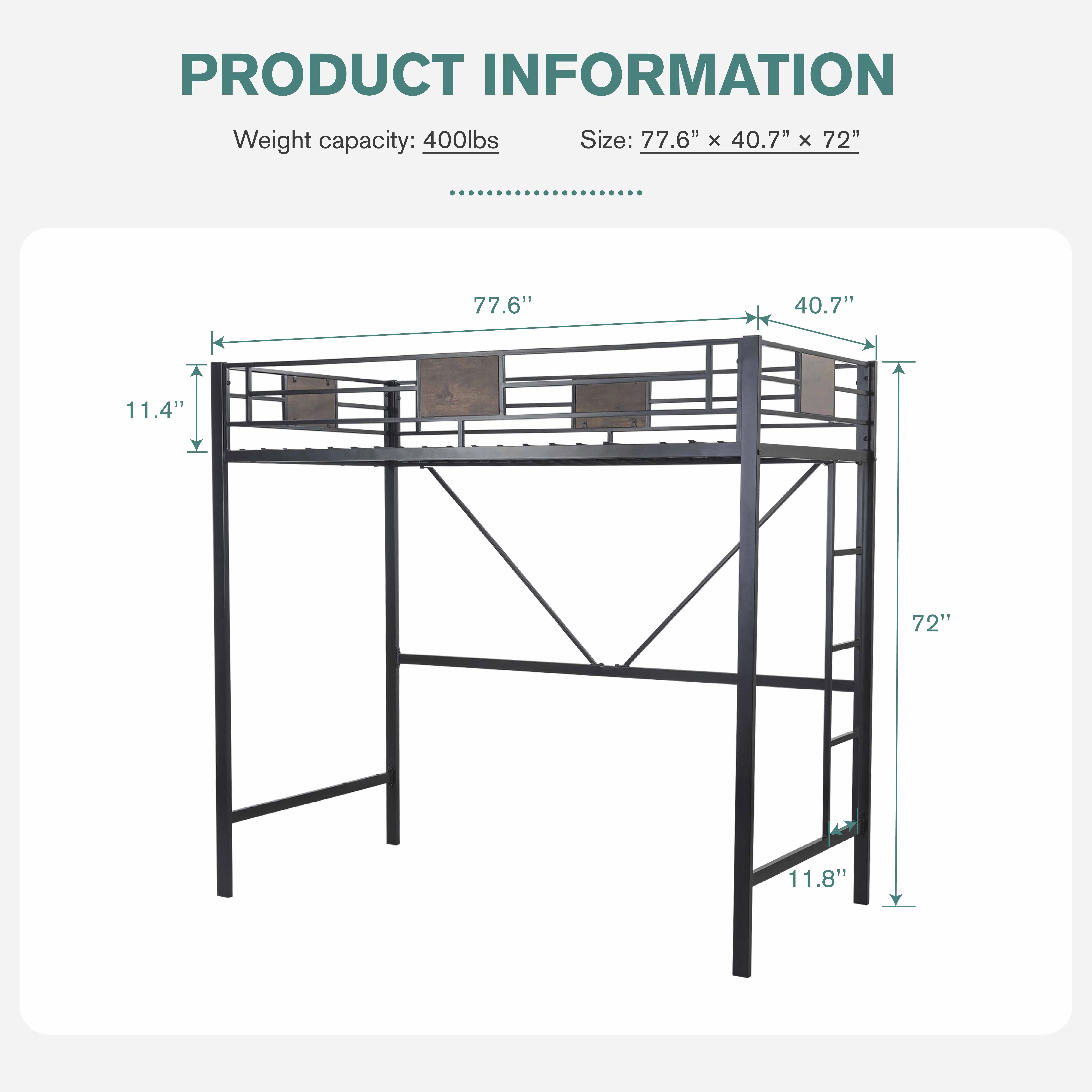 Twin Size Loft Bed Frame with 13''Fully Enclosed Guardrail and Removable Ladders, Black Image 6