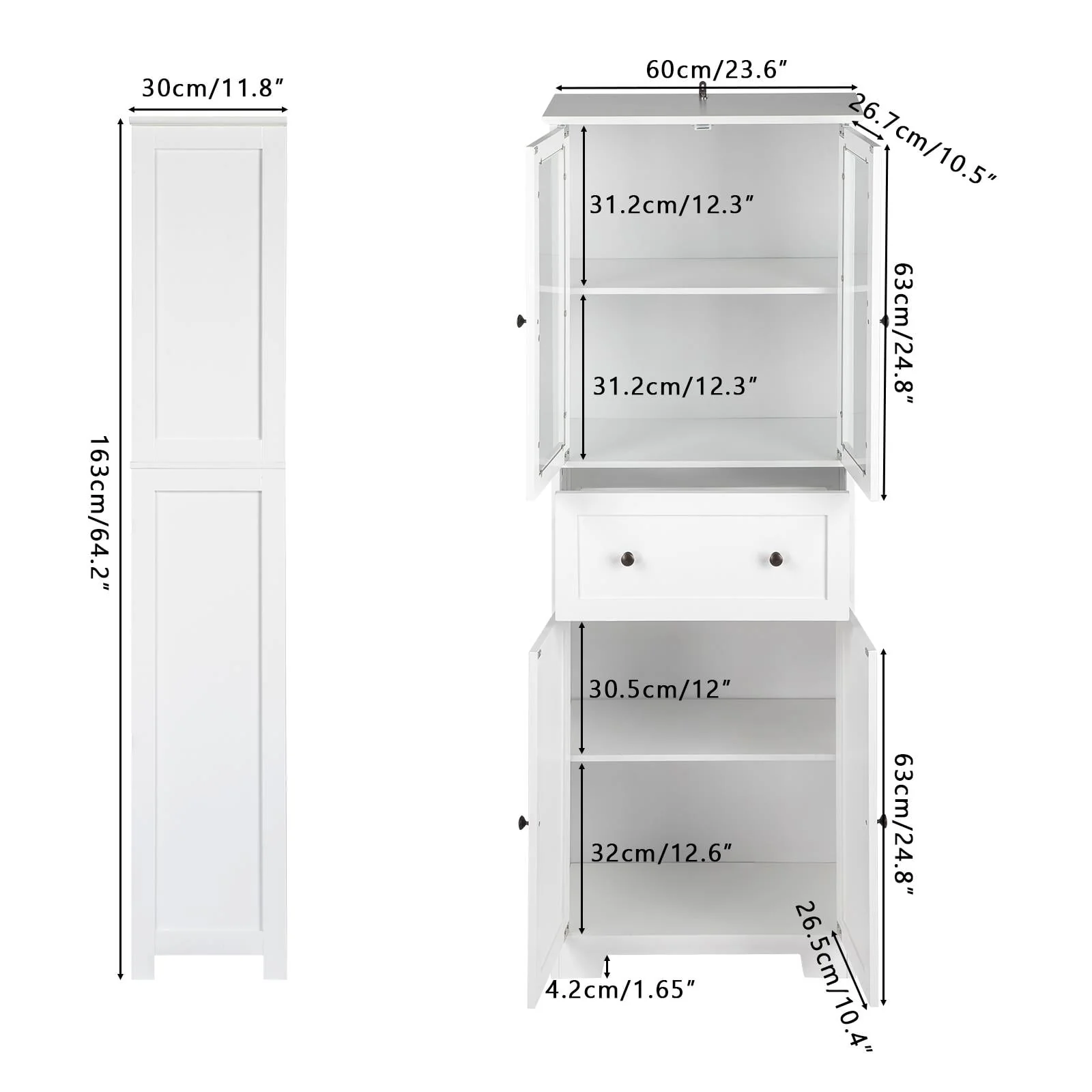 Ktaxon 64" Tall Bathroom Storage Cabinet Organizer, Freestanding Kitchen Pantry Cabinet Line Tower with 2 Glass Doors, Large Drawer 4 Adjustable Shelves for Dining Room Living Room Home Office,White Image 8