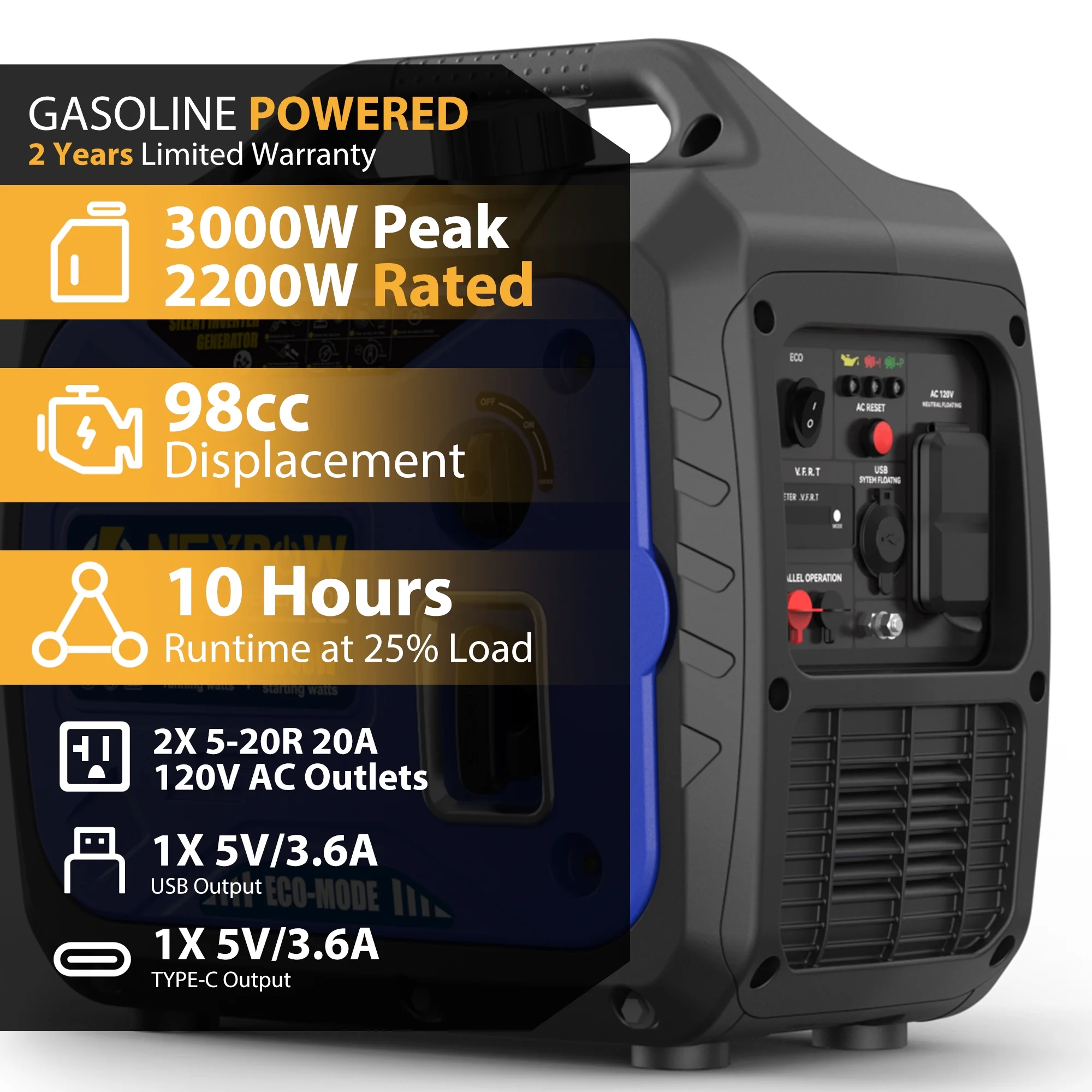 3000W Portable Inverter Generator, Gasoline Power Lightweight for Backup Home Camping, Eco-Mode Feature, Parallel Capability, Overload Protection(3000 W) - Image 2