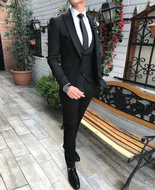 Ensemble 3 pièces : blazer à col à revers uni basique, gilet de blazer et pantalon.
