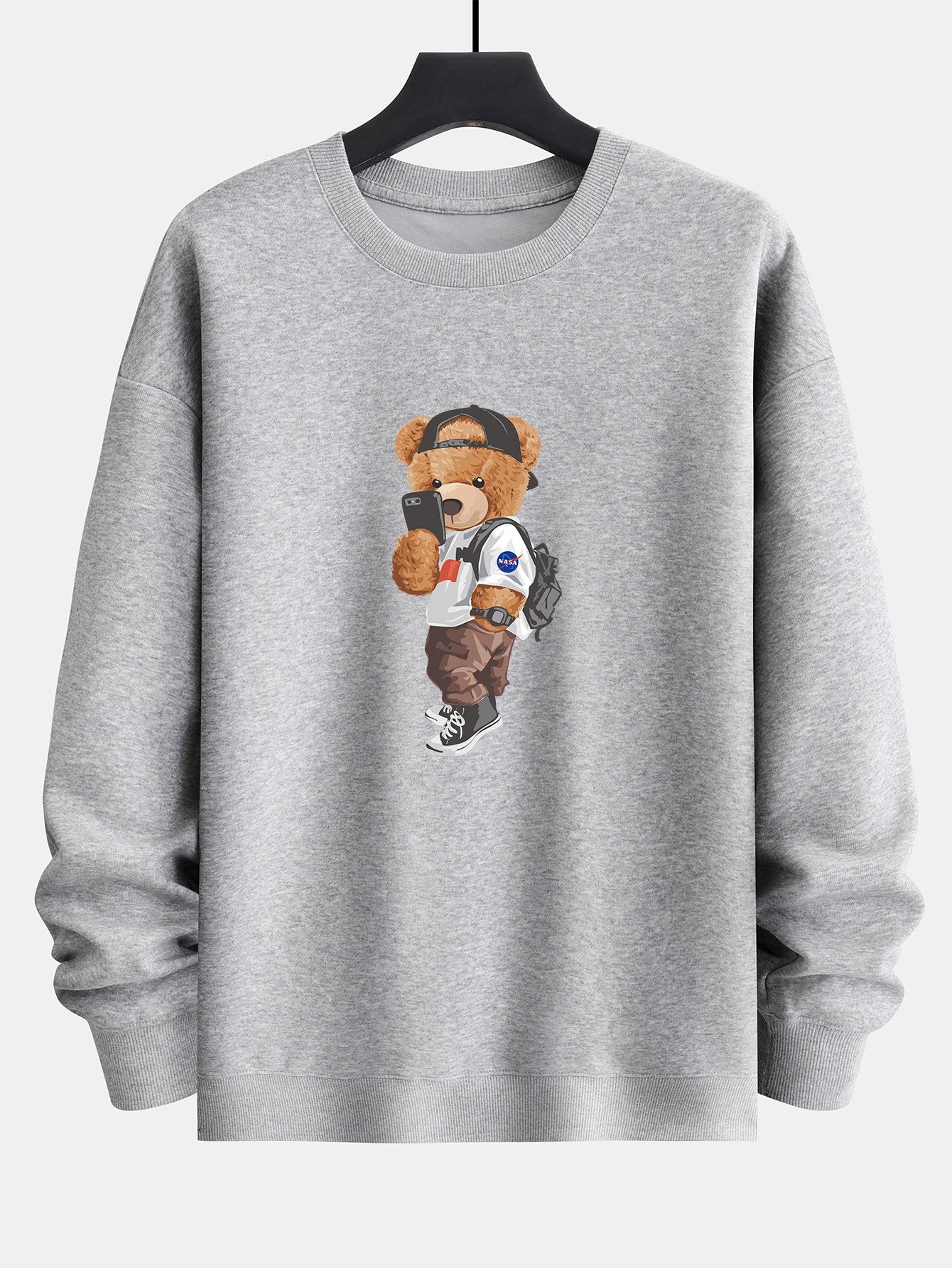 Sweat-shirt coupe décontractée à imprimé ours selfie