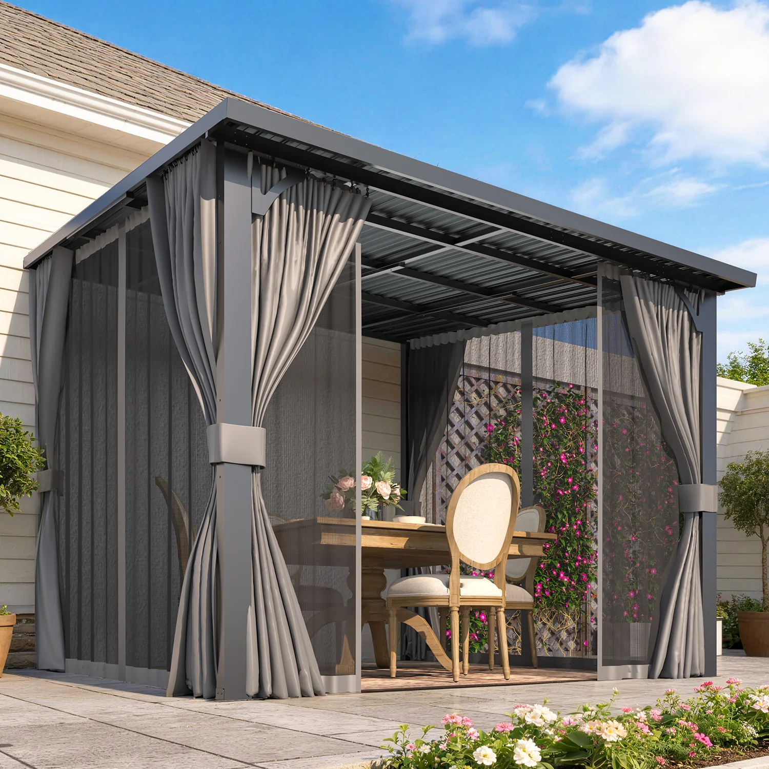 AECOJOY 10'x10' Outdoor Hardtop Metal Gazebo with Curtain and Netting