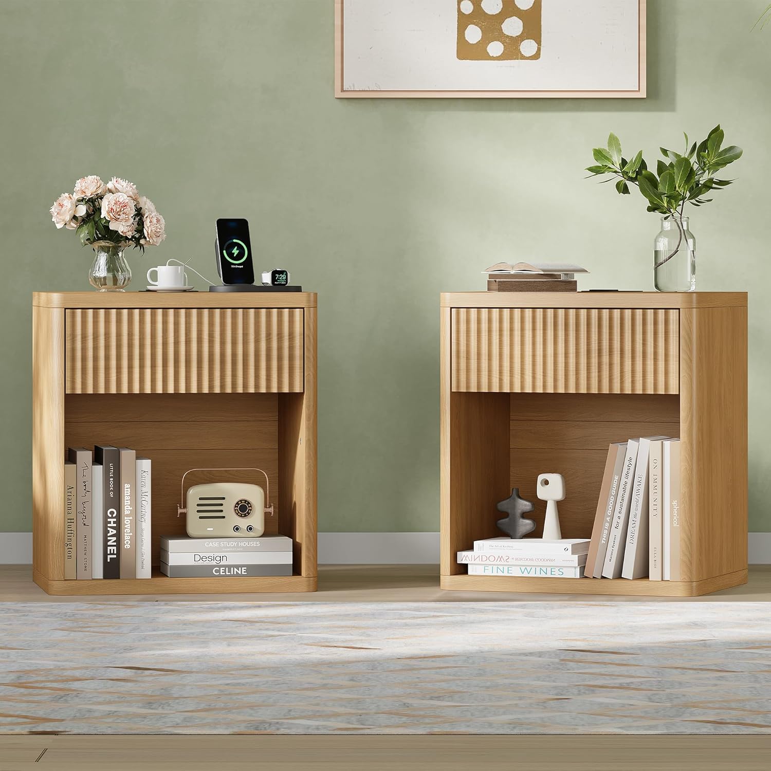 Fluted Nightstand Set of 2 with Charging Station, 21.7