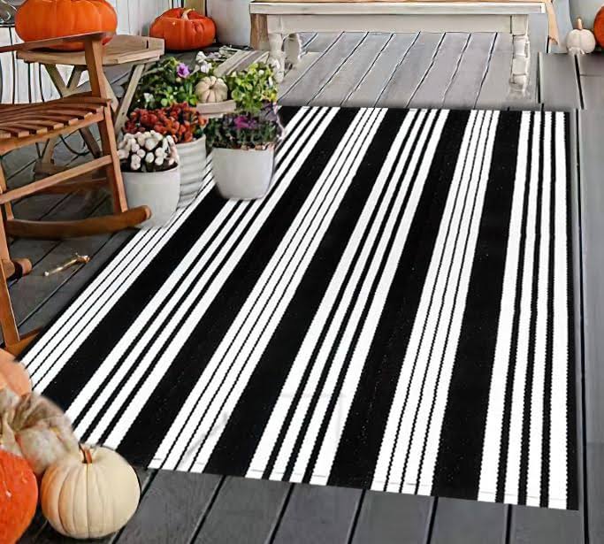 BUAGETUP Black and White Striped Outdoor Patio Rug 4' x 6',Hand Woven Cotton Patio Rug Front Porch Rug Indoor Outdoor Area Rug F