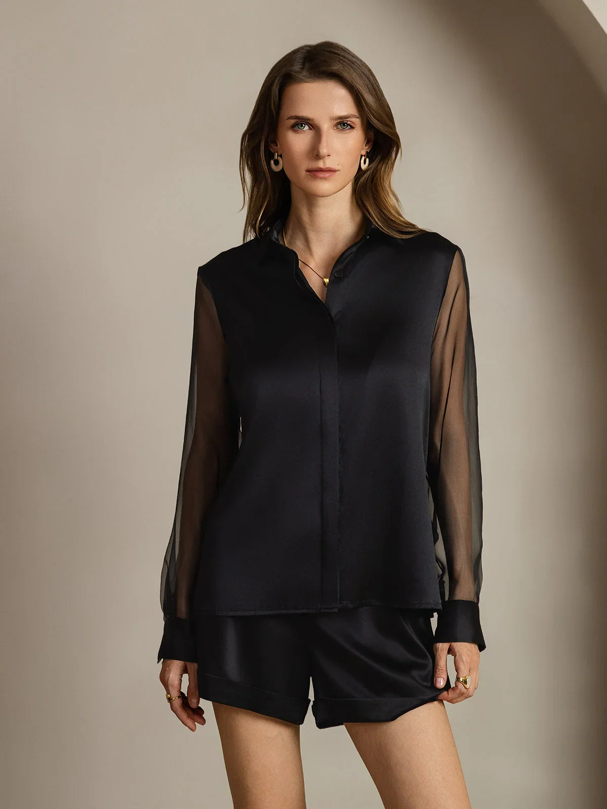Women's 19Momme Silk Sheer Sleeve Lapel Collar Shirt
