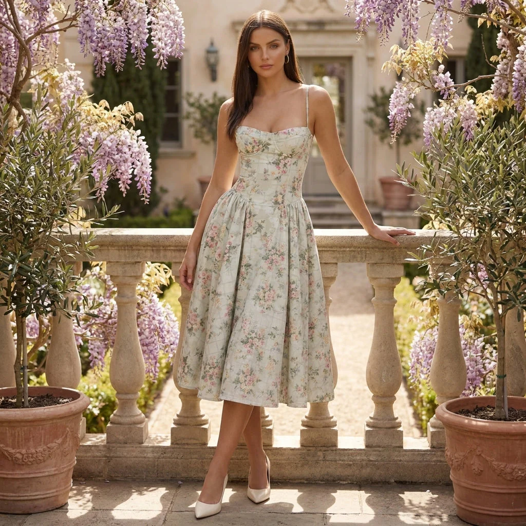 Robe mi-longue corset florale pour femme avec décolleté en cœur