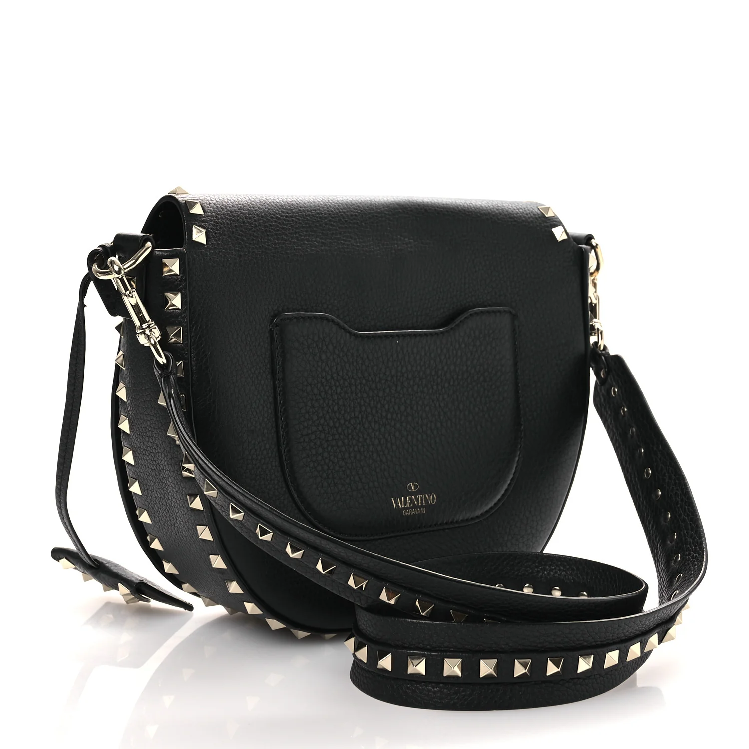 Grained Calfskin Rockstud Saddle Bag Black