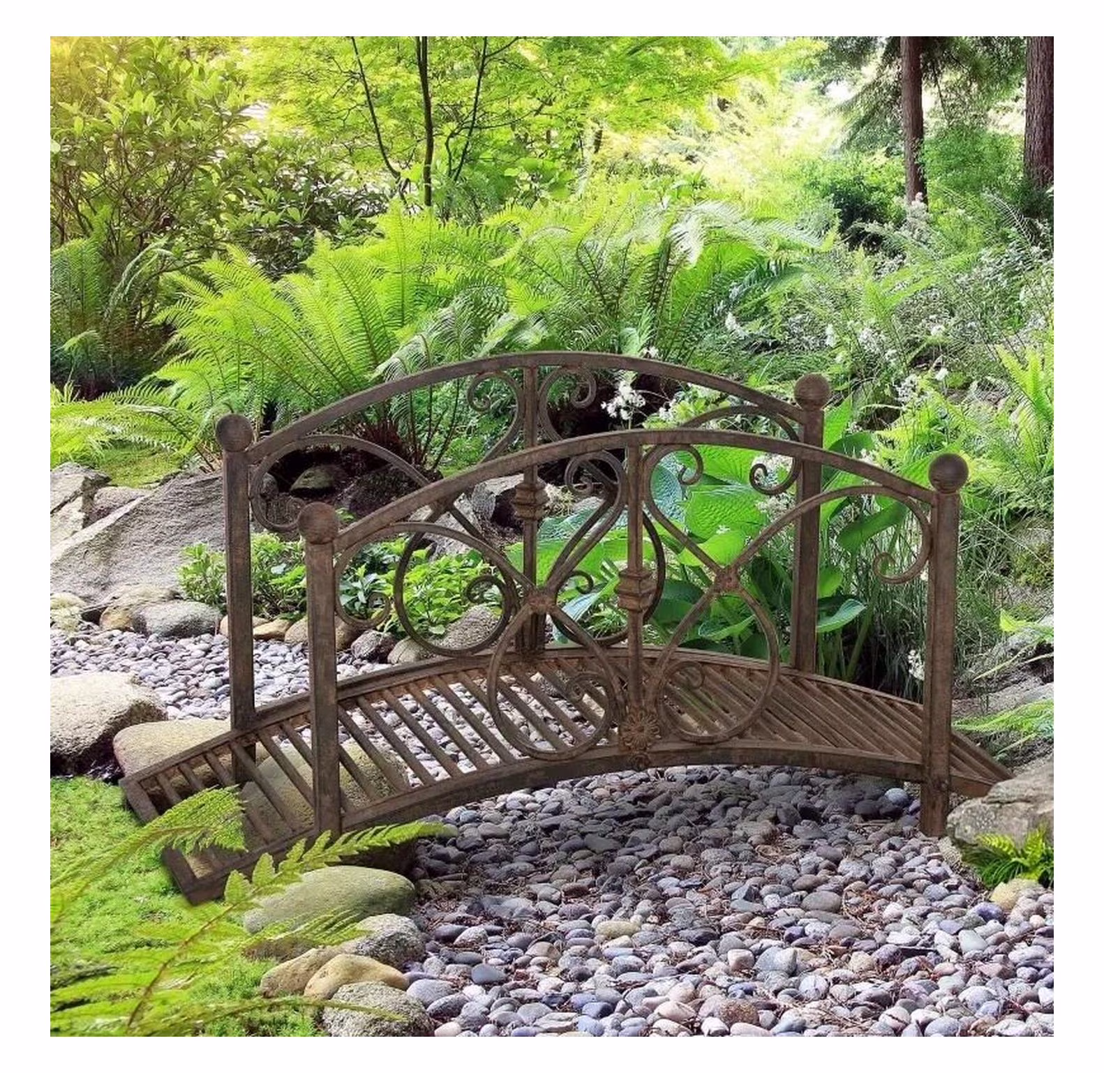 3.3' Metal Garden Bridge, Decorative Classic Footbridge Pond Bridge with Safety Railings for Backyard Garden Creek, Rust Brown