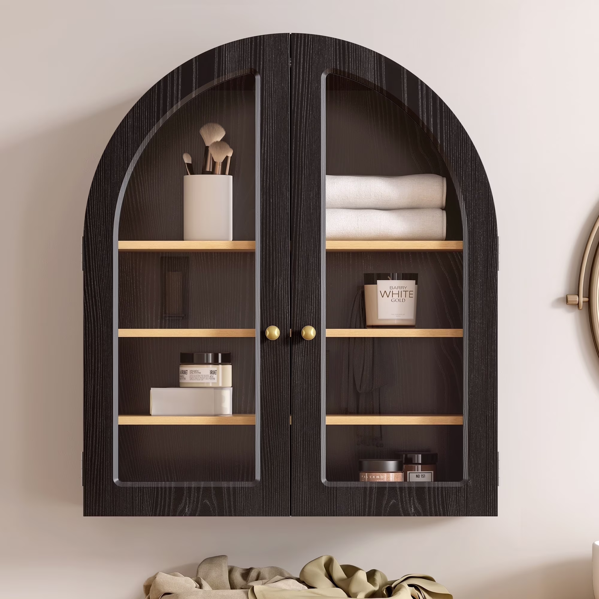 Modern Arched Wall Cabinet, Large Medicine Cupboard, Black Cabinet for Bathroom with Adjustable Shelf, Black Oak(Black Oak)