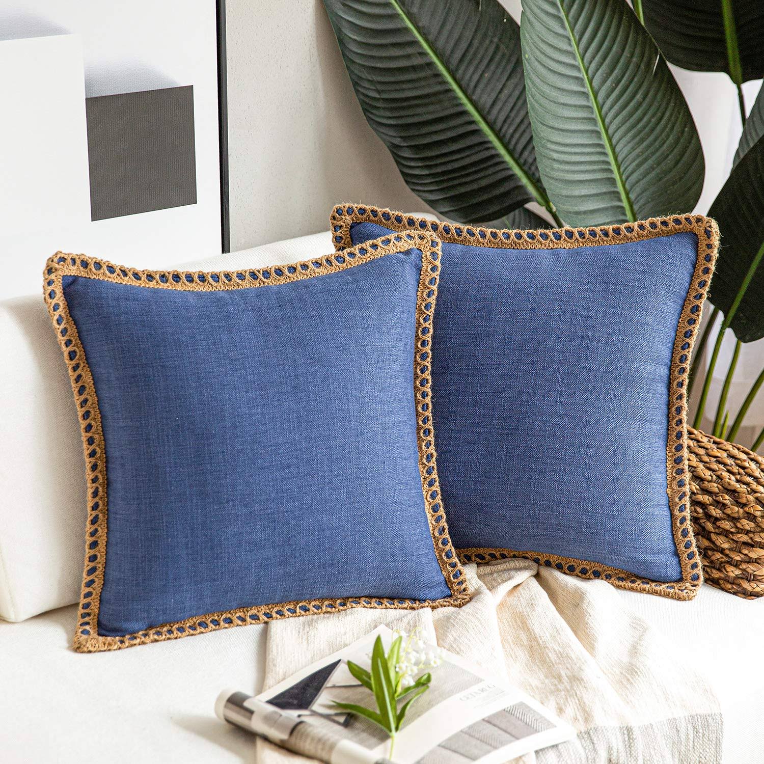 Phantoscope Pack of 2 Farmhouse Decorative Throw Pillow Covers Burlap Linen Trimmed Tailored Edges Navy Blue 18 x 18 Inches, 45 x 45 cm