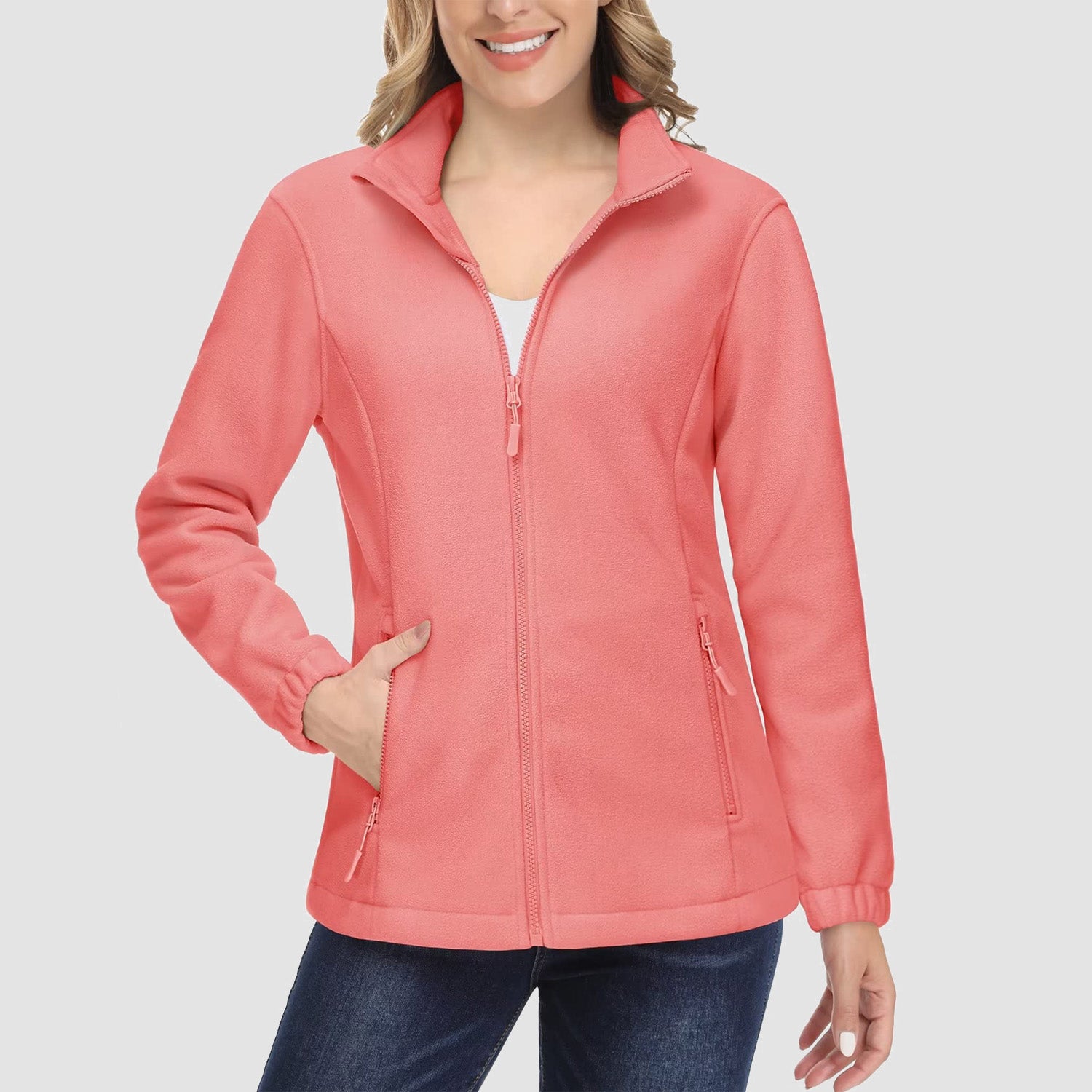 Veste polaire pour femme, douce, chaude, à fermeture éclair intégrale et manches longues avec 2 poches zippées, idéale pour l'hiver.