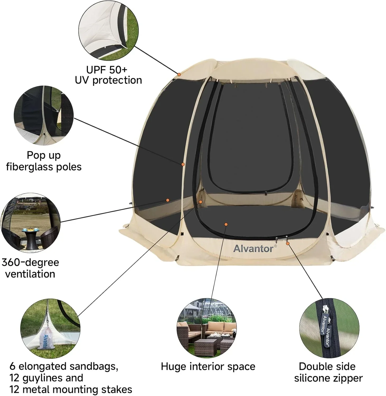 Gazebo moustiquaire pouvant accueillir 6, 10 ou 15 personnes. Tente de style igloo avec moustiquaire latérale. Idéal