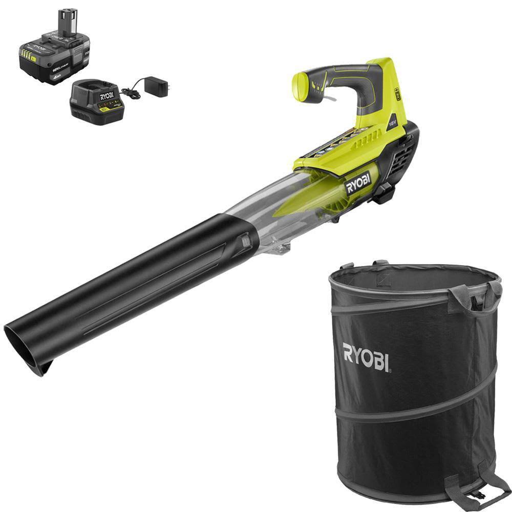 Ryobi One+ 18V 100 MPH 280 CFM Cordless Battery Variable-Speed Leaf Blower w/Lawn and Leaf Bag, 4.0 Ah Battery, and Charger