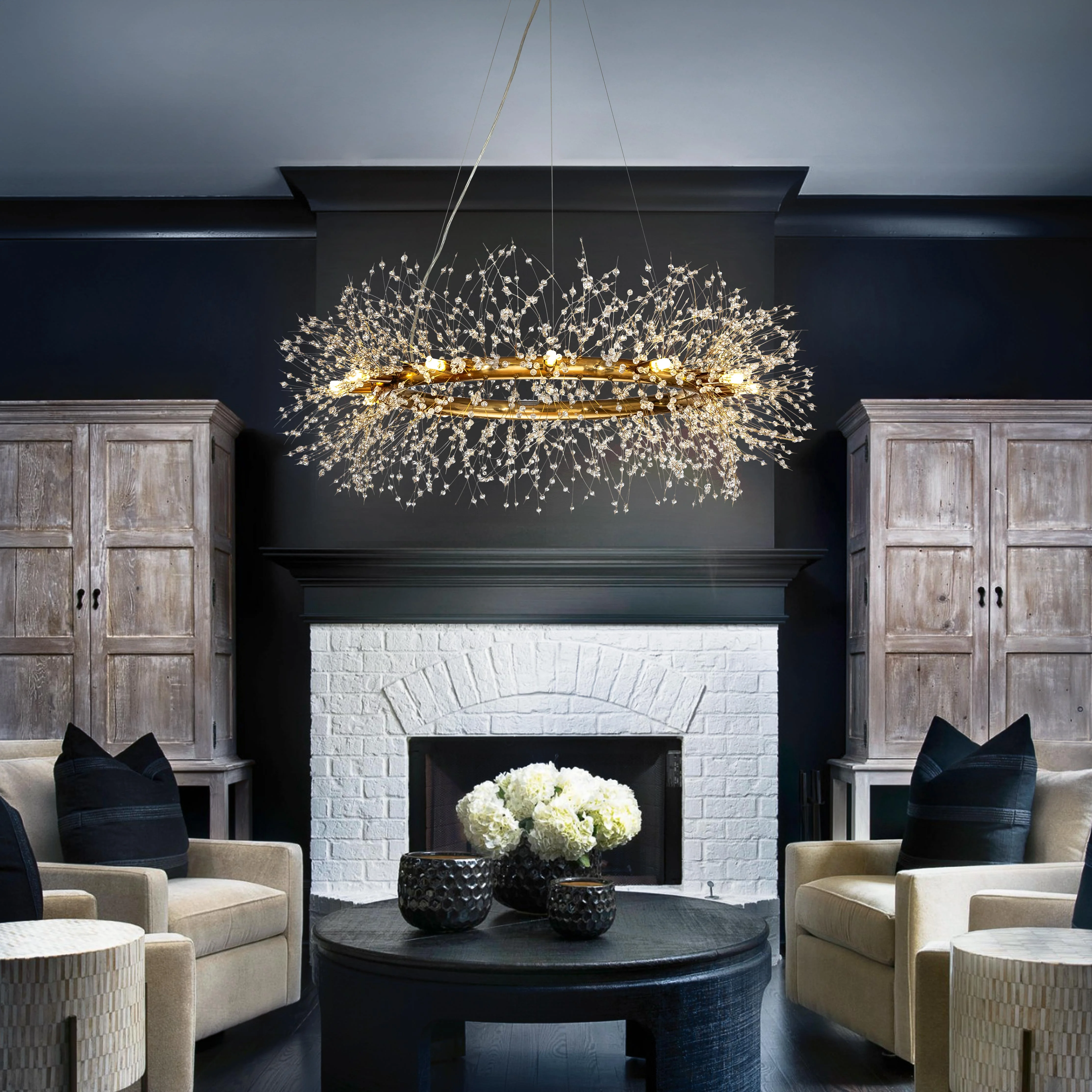 12-Lights Antique Brass Wagon Wheel Modern Crystal Firework Chandelier Glam Round Pendant Light Fixture for Dining Room or Living Room