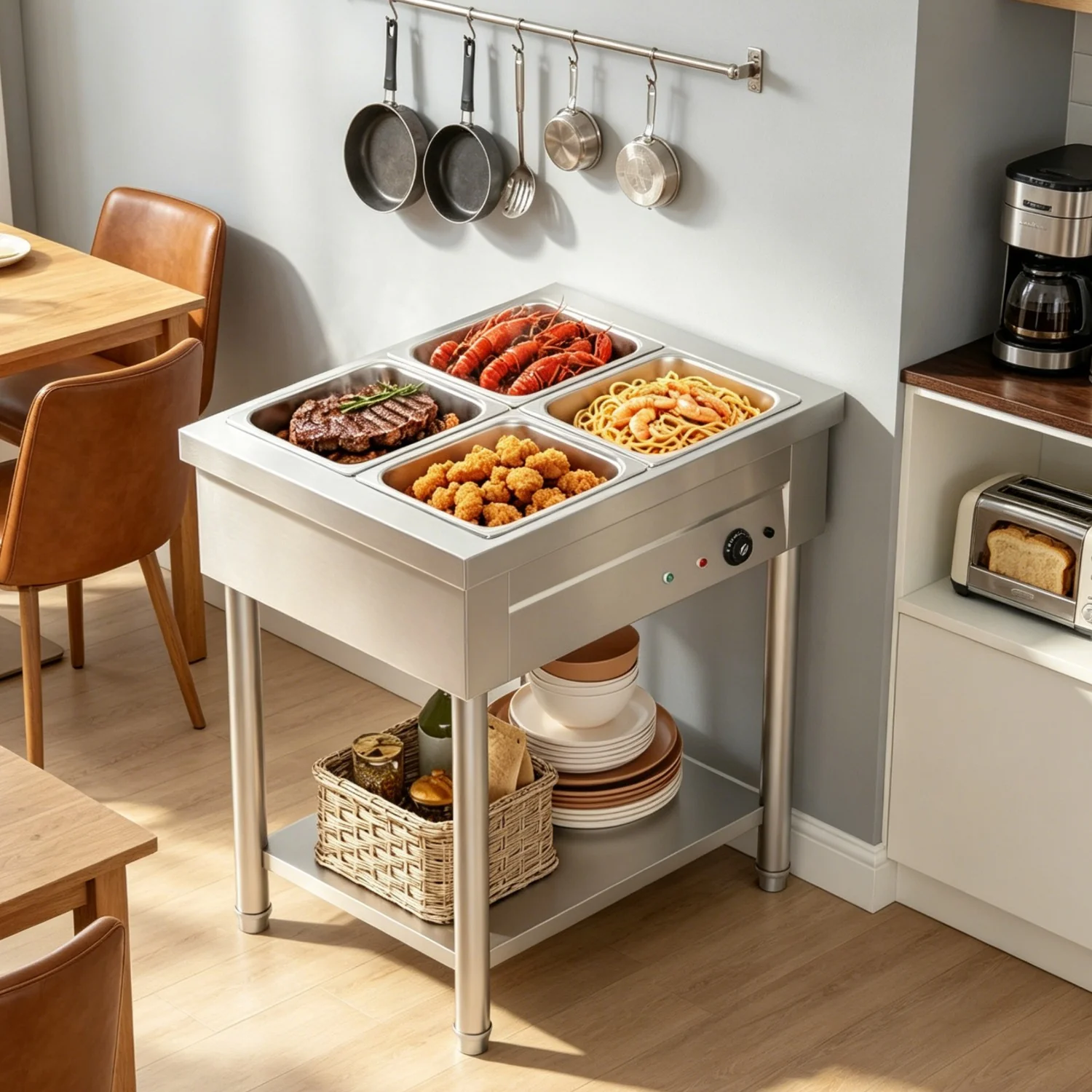 AECOJOY Commercial Food Warmer 1500W Electric Steam Table with 4x10QT Pans & Shelf