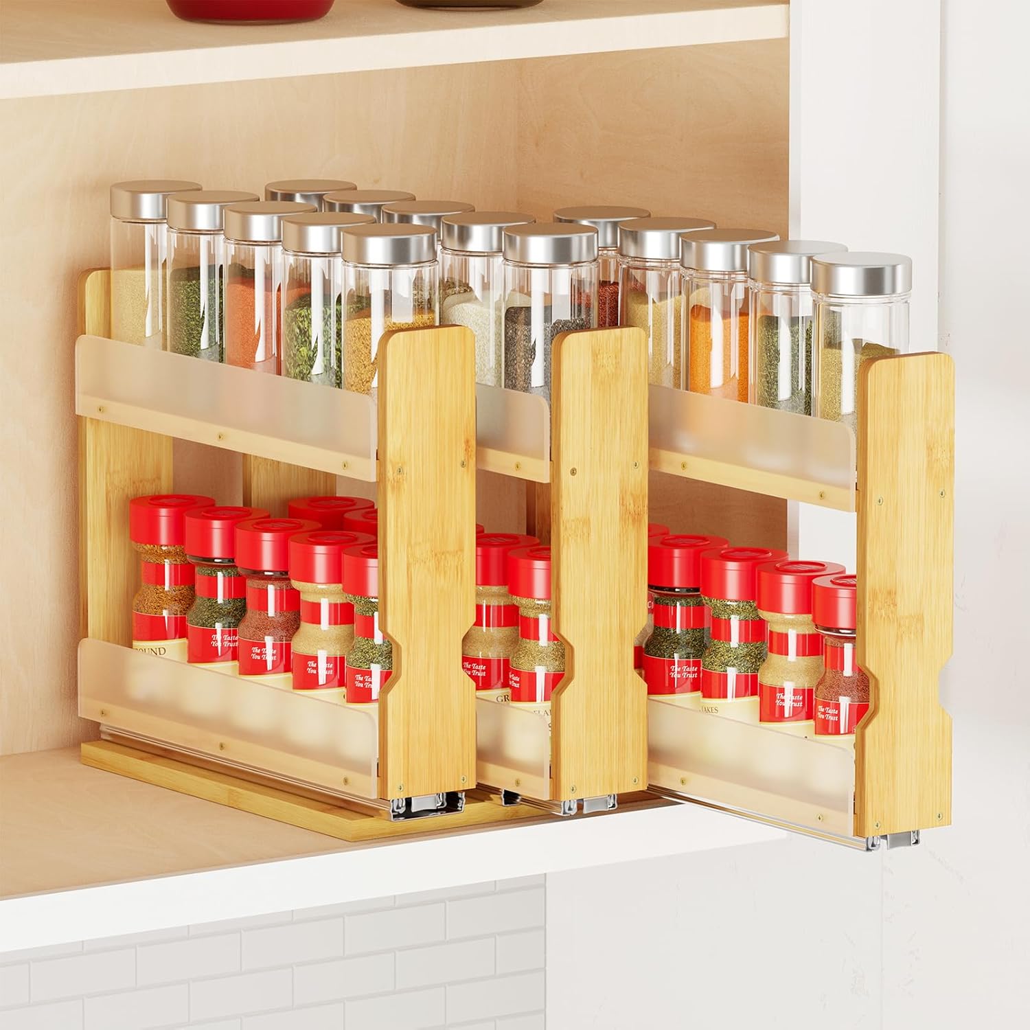 SpaceAid Bamboo Pull Out Spice Rack Organizer for Cabinet, Heavy Duty Slide Out Seasoning Kitchen Pantry Sliding Vertical Organization, 7.6