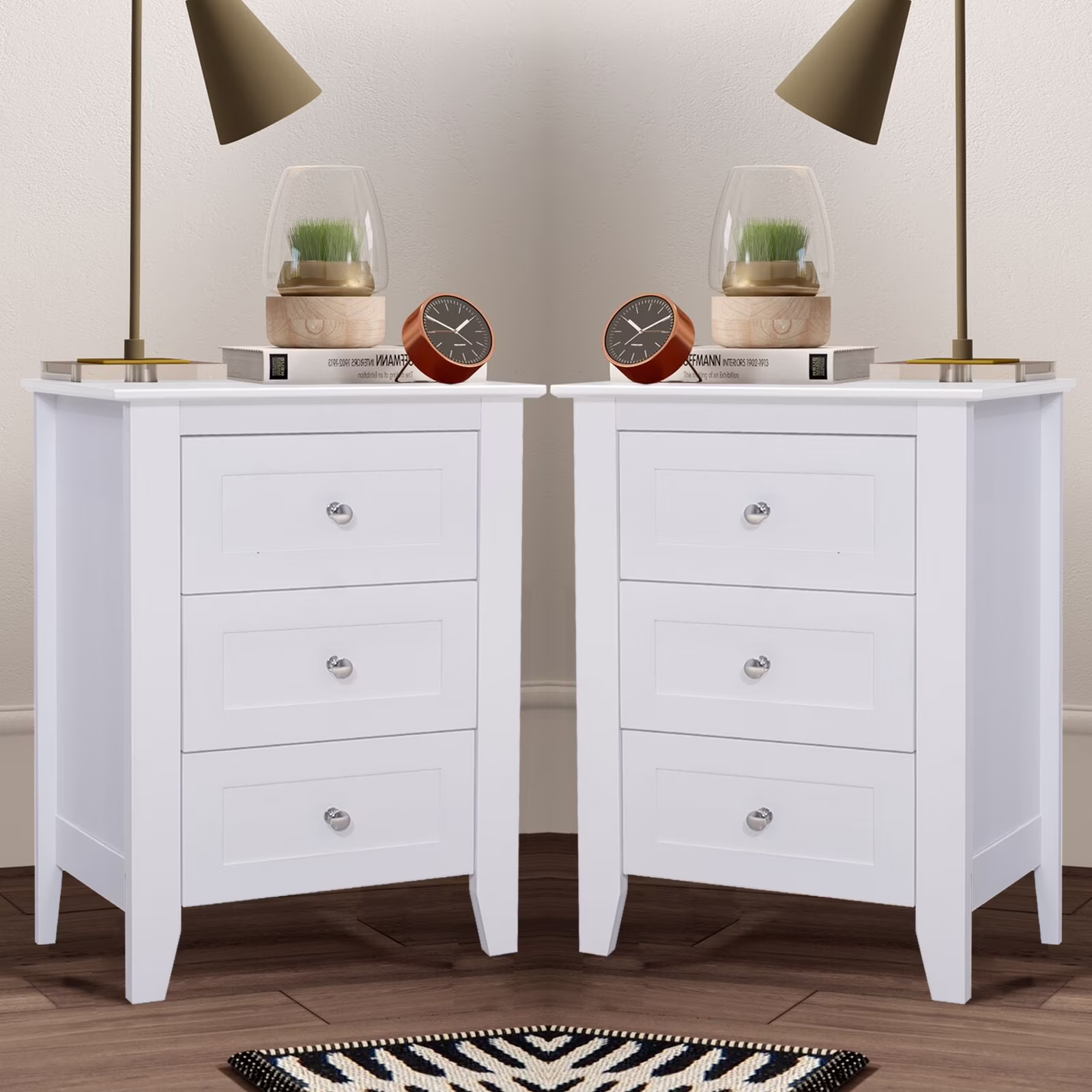 Modern White 3 Drawer Nightstand Set of 2 with USB Ports Power Outlets for Bedrooms,Adult(White(2Pcs))
