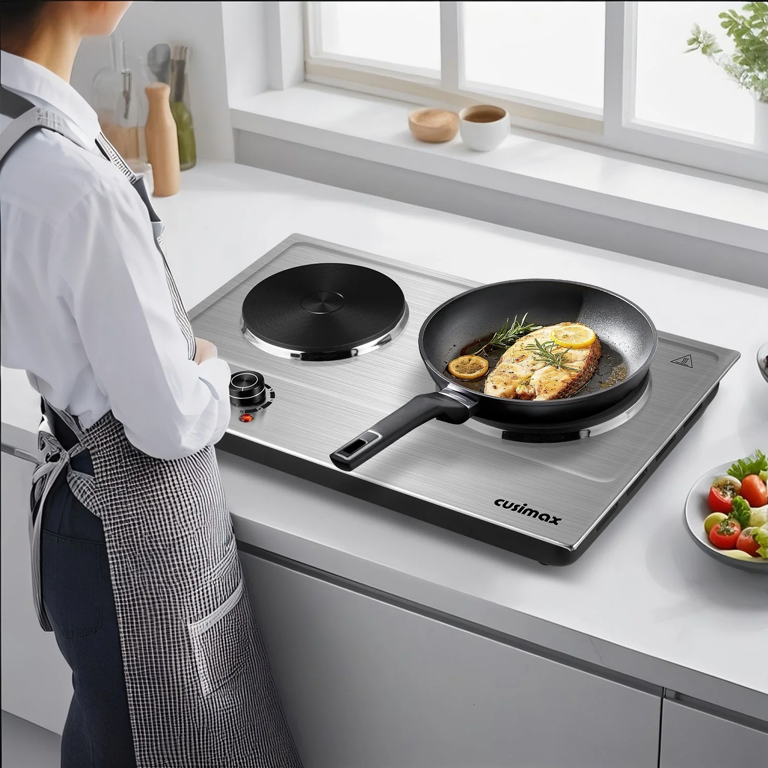 CUSIMAX 1800W Portable Double Burner Hot Plate �?stainless Steel Countertop Electric Cooktop with Dual Cast Iron Heating Plates, Easy - to - Clean Silver Design, Upgraded Version