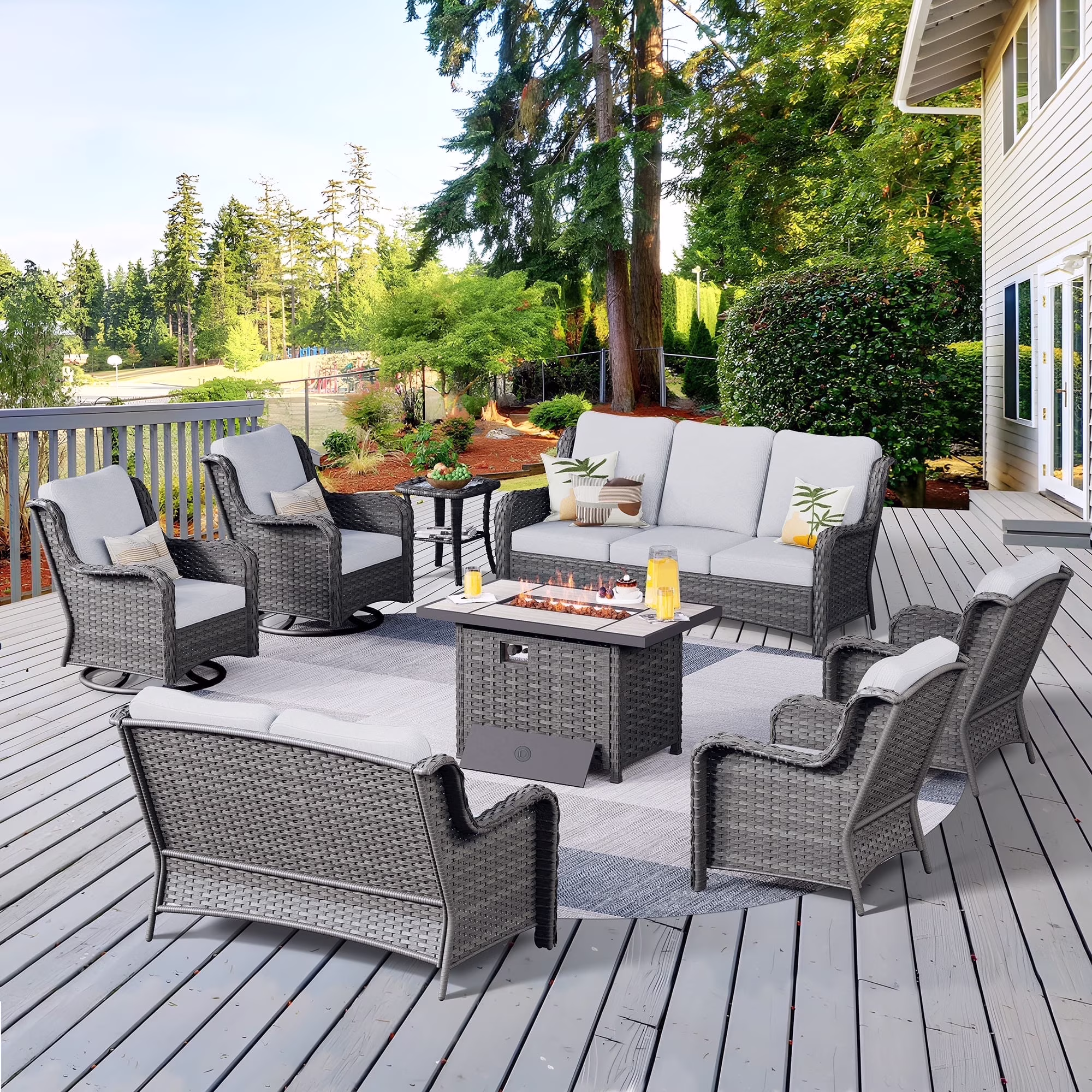 8 Pieces Outdoor Patio Furniture Sectional Sofa All-weather Conversation Set with Swivel Rocking Chairs and Fire Pit Table for Garden,Poolside,Gray(Gray/Gray)