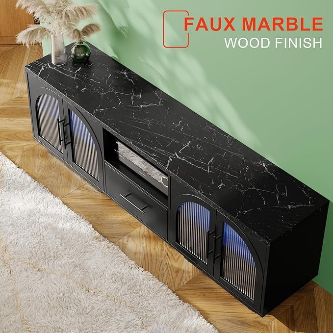 TV Stand for 75 inch TV, LED TV Stand for Living Room,70" Entertainment Center with Arched Glass Doors, Faux Marble Wood Finish Top, Adjustable Shelves, and LED Lighting, Black(Black) - Image 6