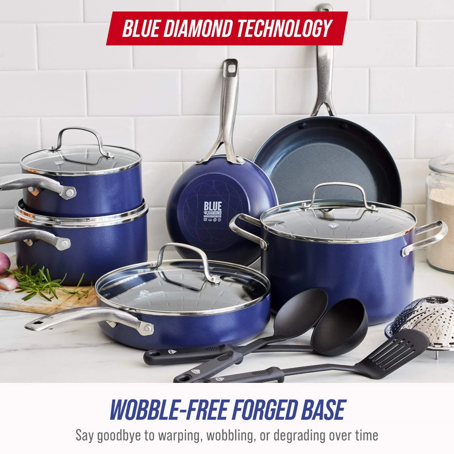 Blue Diamond 14 Piece Cookware Set, Diamond Infused Ceramic Healthy Nonstick, Blue