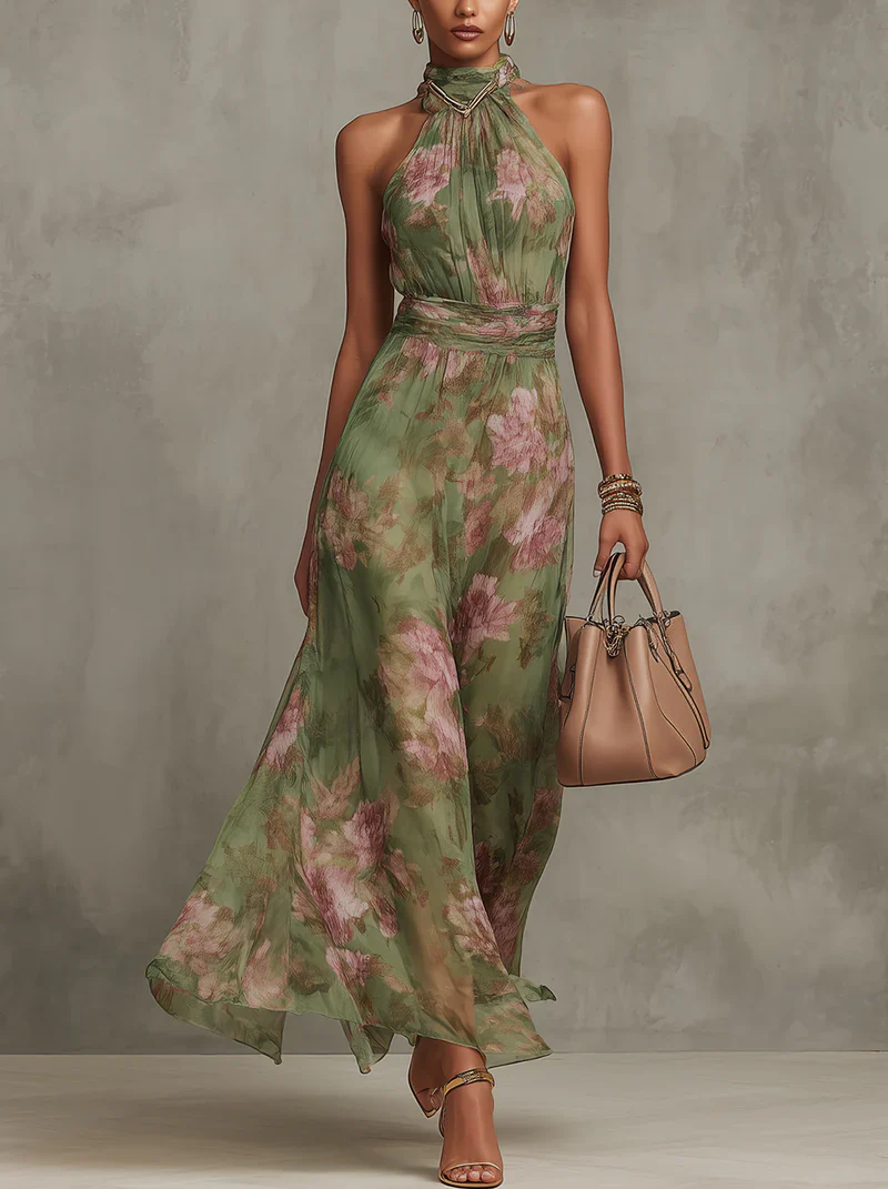 Robe longue en mousseline à fleurs vertes avec col licou