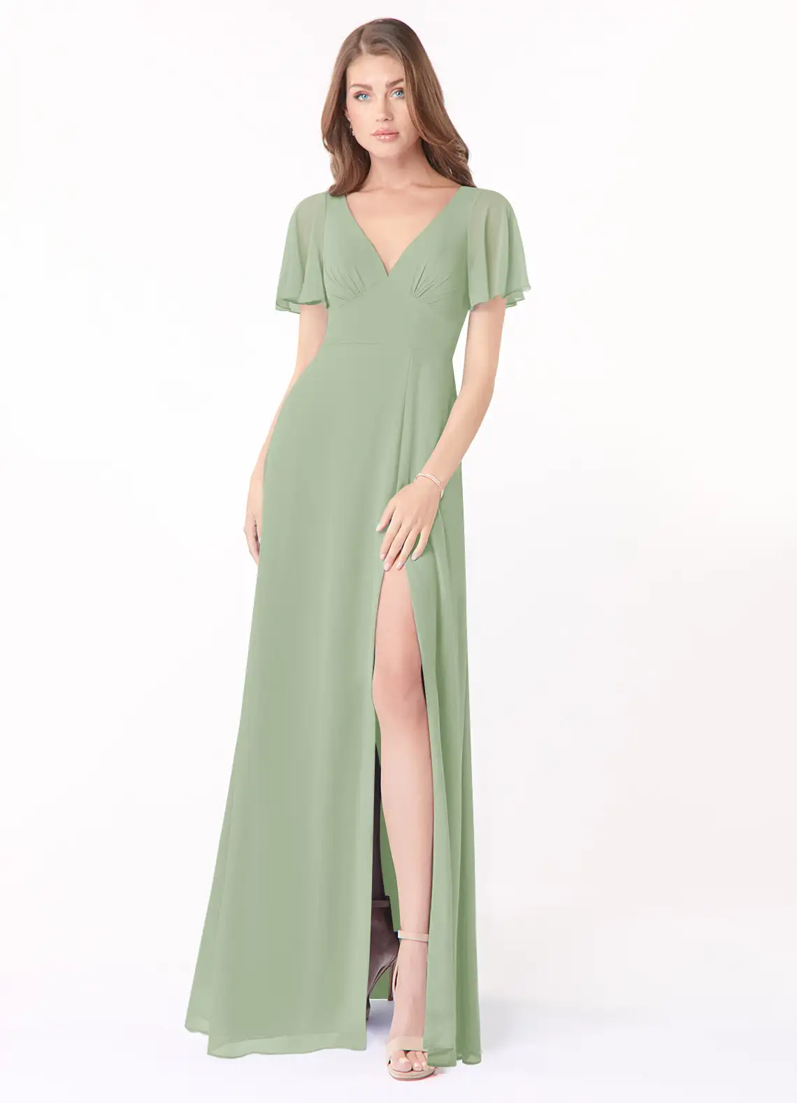 Dusty Sage A-Line Flounce Sleeve Chiffon Dress