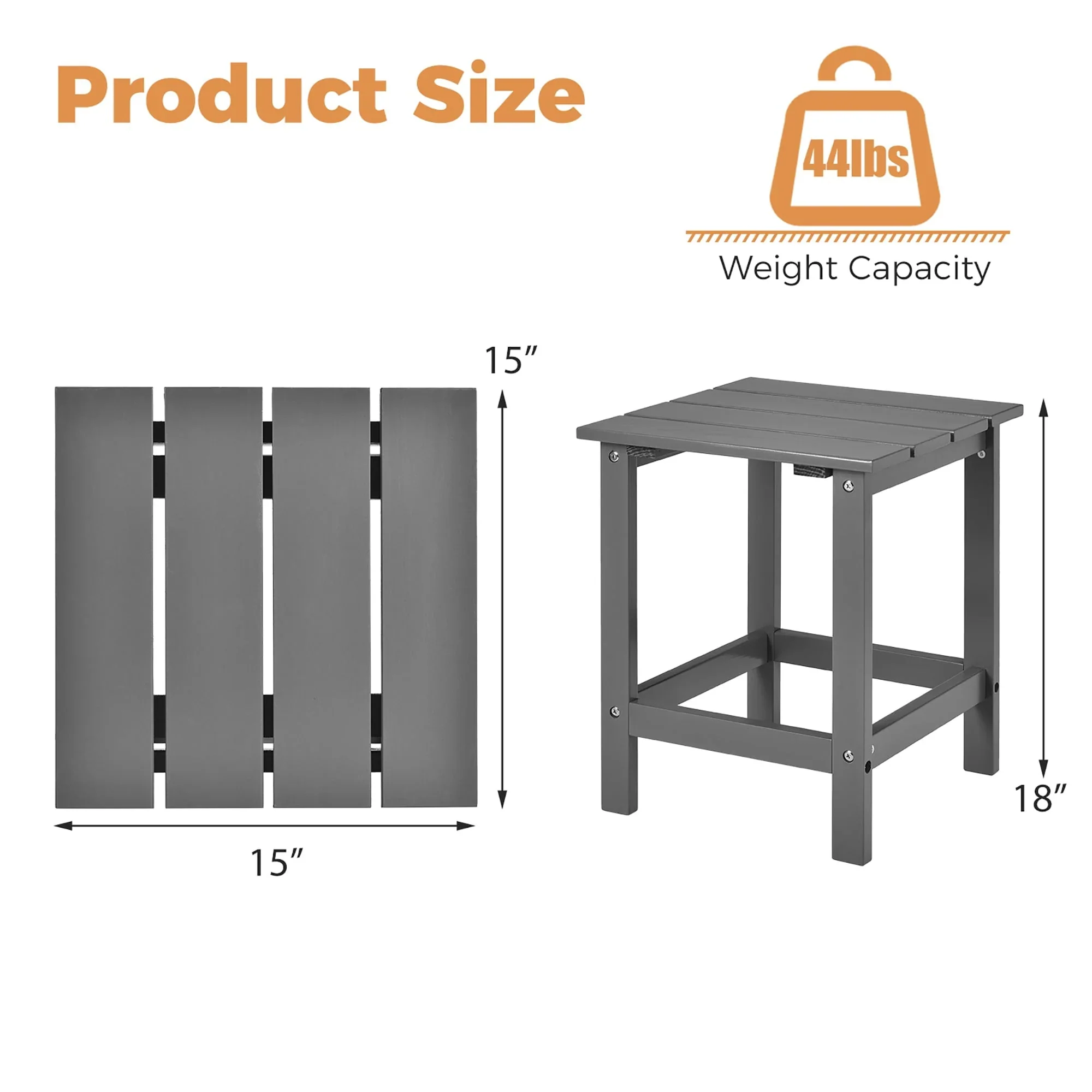 Costway Patio 15 End Side Coffee Table Square Wooden Slat Garden Deck Gray
