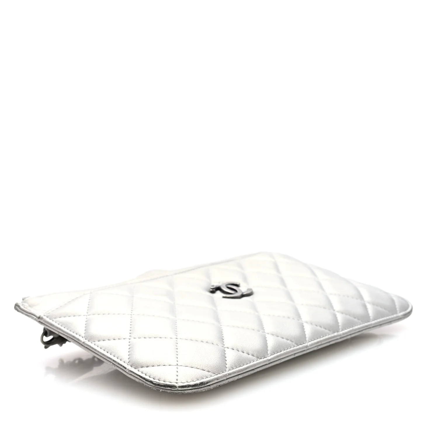 Metallic Lambskin Quilted Clutch With Chain Silver