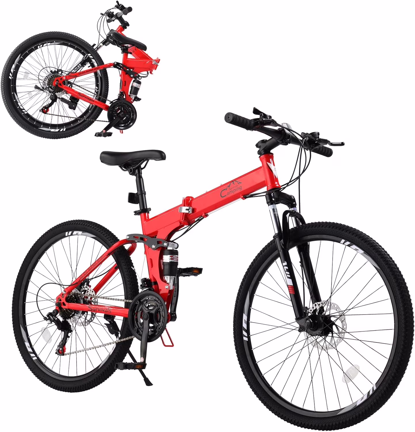 26 Inch Folding Mountain Bike Under 250$ Men Mountain Bike 21 Speed,High Carbon Steel,Disc Brake Folding Bikes for Adults/Men/Women Red(Red)