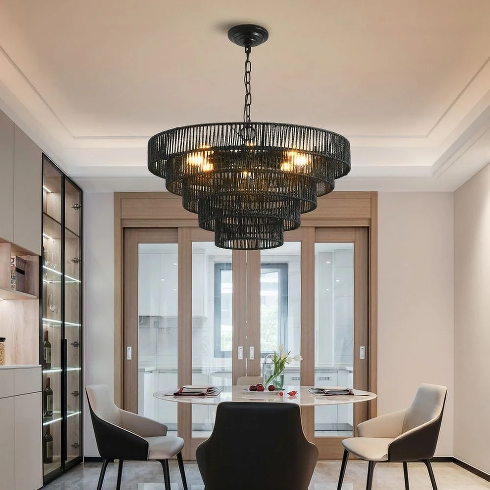 ACE-LIGHTS,Rustic 4-Tier Height Adjustable Hemp Rope Chandelier(Bulb Not Included),Pendant Light,Handmade Tiered Boho Ceiling Light Fixture for Living,Dining Room,Kitchen,Foyer(Black��