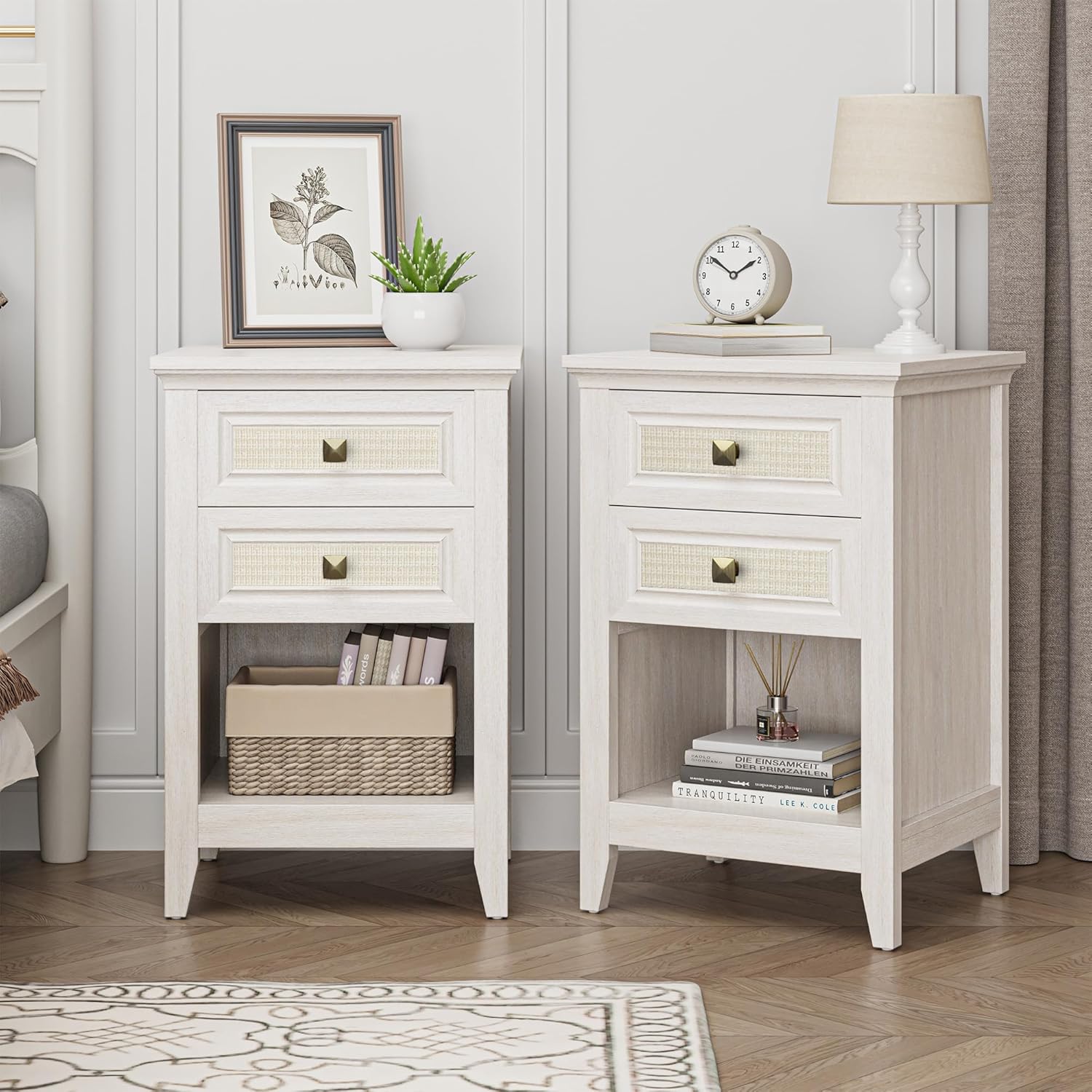 RoyalCraft White Rattan Nightstand with Drawer Set of 2, Boho 27