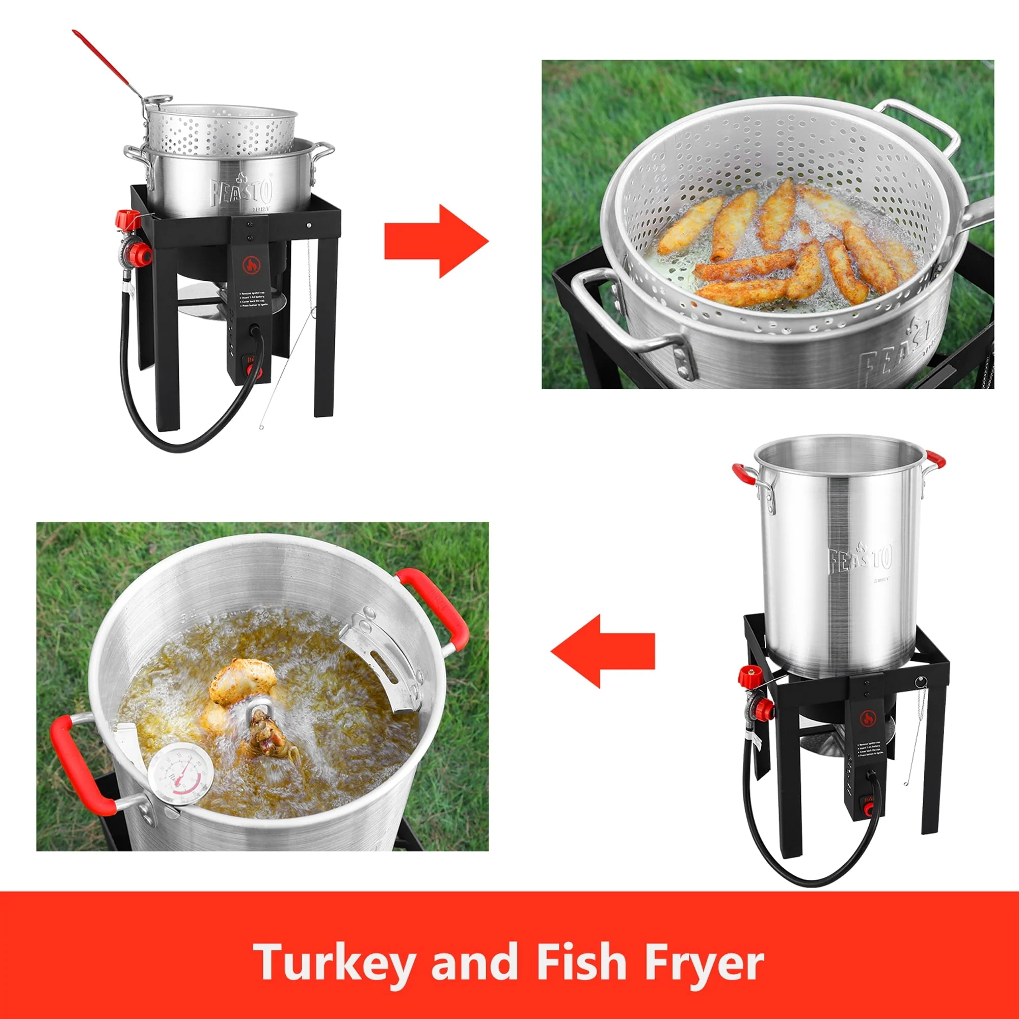 FEASTO Turkey Fryer and Fish Boiler Set with 30 Qt and 10 Qt Aluminum Pots Set, Auto Ignition,55000BTU Propane Burner for Outdoor Cooking Image 6