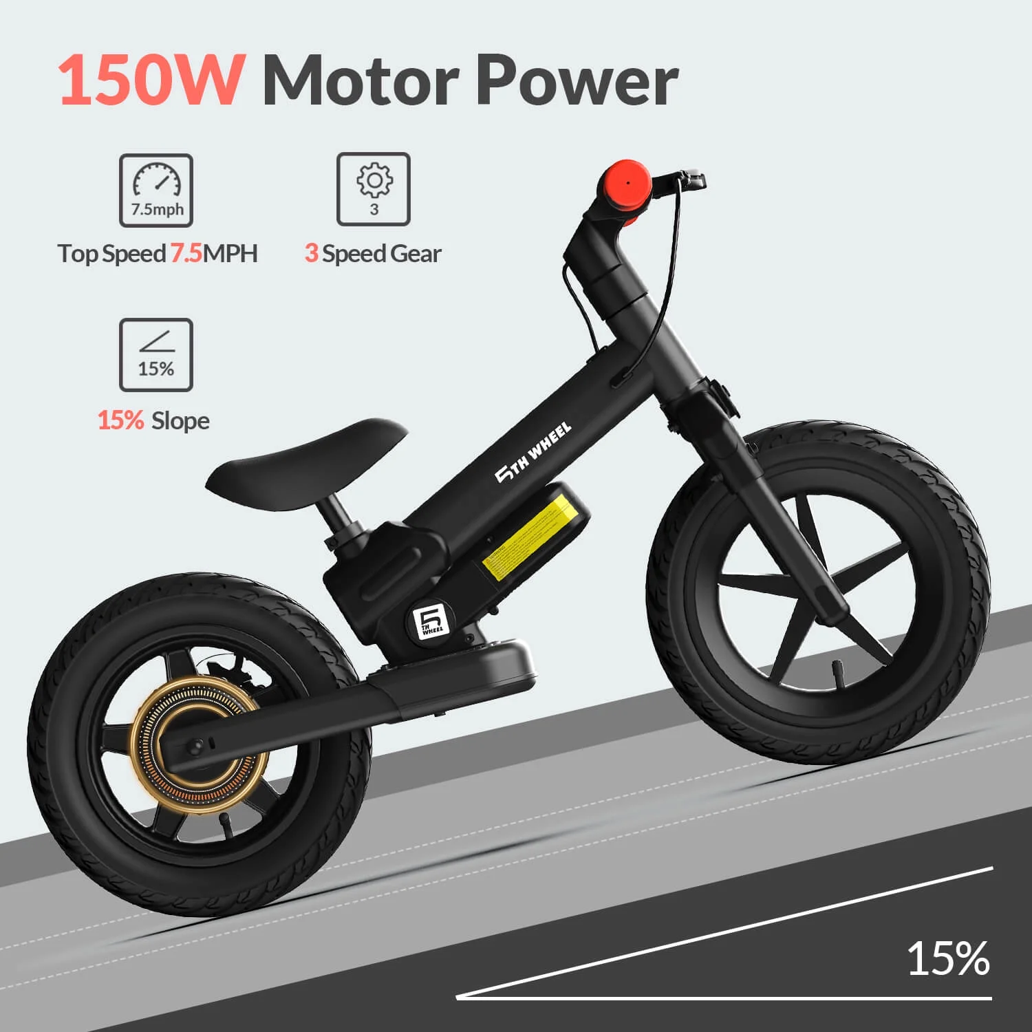 KB09 150W Electric Balance Bike for Kids, Black 12" Pneumatic Tire with Dual Brake - Image 7