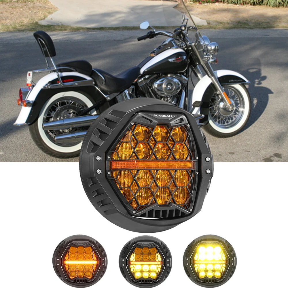 7 Inch 120W DOT Motorcycle LED Headlight Assembly with Amber DRL & Honeycomb Design (Hi/Lo Beam) for Softail Deluxe
